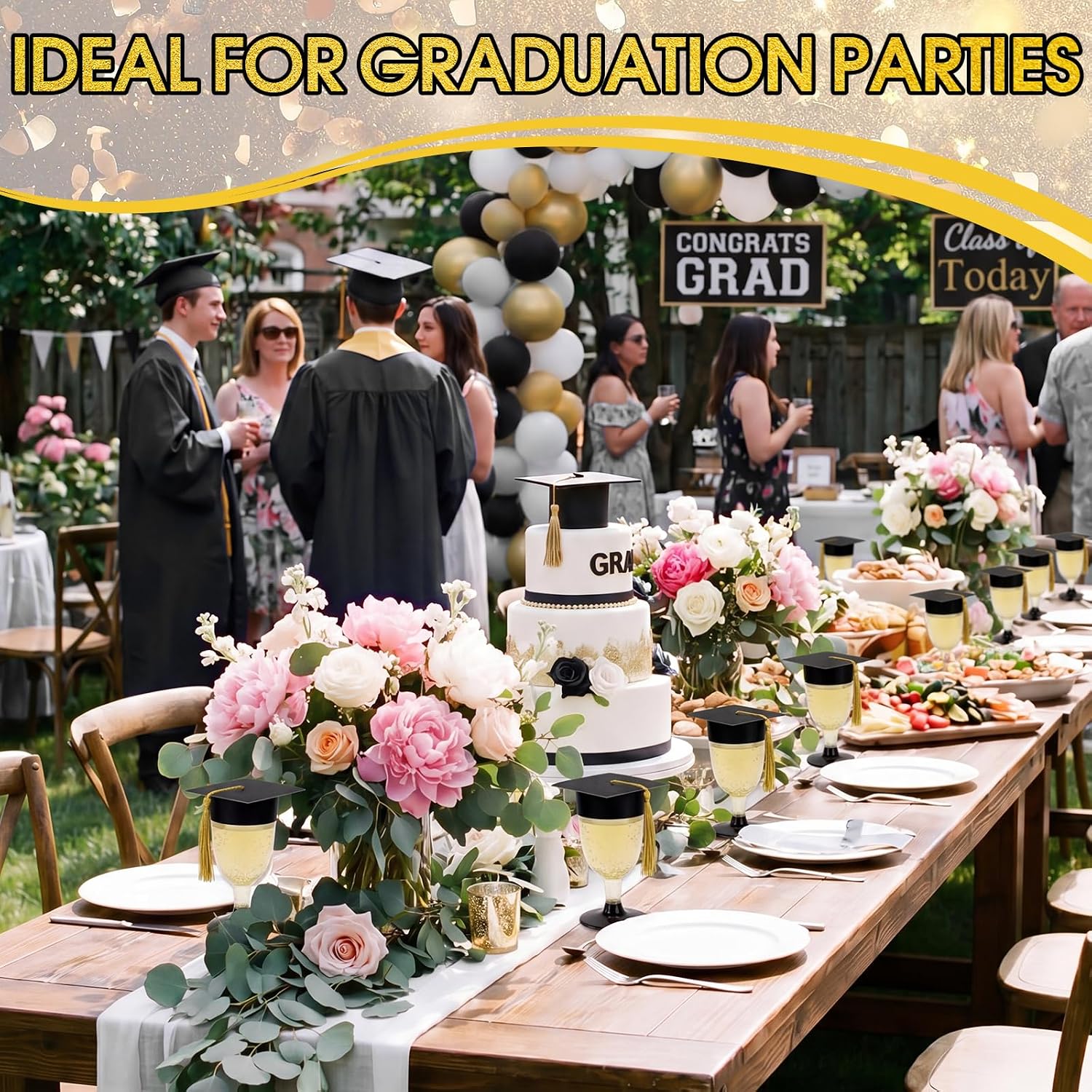 Jingmore 48 Pcs/24 Set Grad Dessert Table Decor Congrats Table Centerpieces Black 2026 Graduation Candy Champagne Flutes Box 6 oz Toast Wine Cups Glasses with Grad Cap Tassels Plastic Disposable Gift