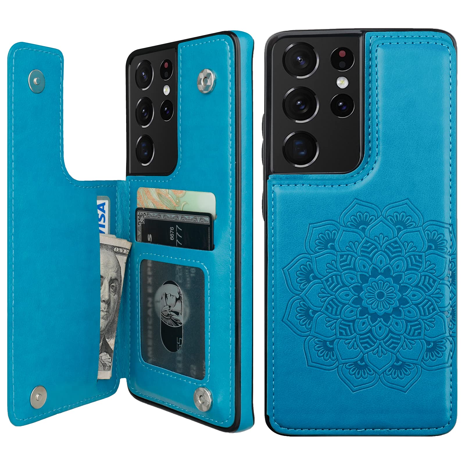 Vabursfor Galaxy S21 Ultra Wallet Case with Card Holder, Embossed Mandala Pattern Premium PU Leather Double Magnetic Buttons Flip Protective Case for Samsung Galaxy S21 Ultra(6.8",Blue)