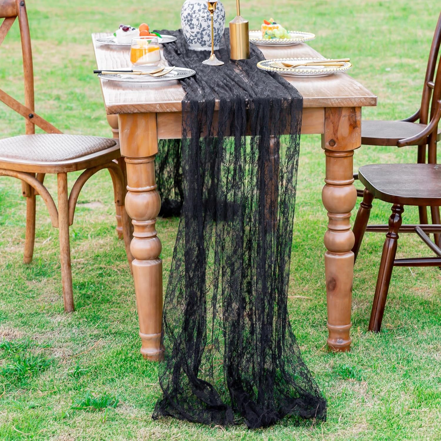 vctops 2 Pcs Black Lace Table Runner 10ft Embroidered Boho Table Runner for Wedding Party Bridal Shower Decorations Vintage Rustic Table Runners (Black, 28"x120")