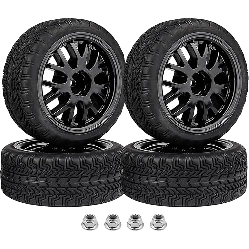 Hobbypark (4-Pack) OD 2.56''(65mm) Rubber Tires & Wheels 12mm Hex Drive Hub for 1/10th Scale RC Touring Car