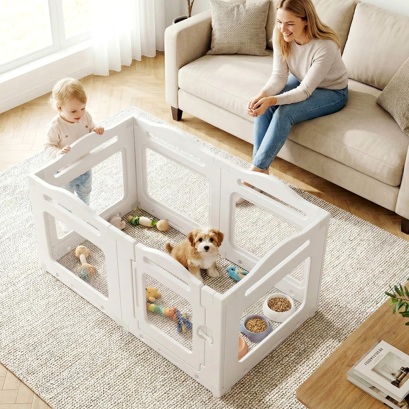 MAMIZO Recinto per Cani Acrilico 129 × 68 × 60 cm, Box per Cuccioli con Ventose, Box per il Parto Cani con Porta a Chiusura, 6PCS Pannelli Parco per Cani adatto Appartamento, Bianco