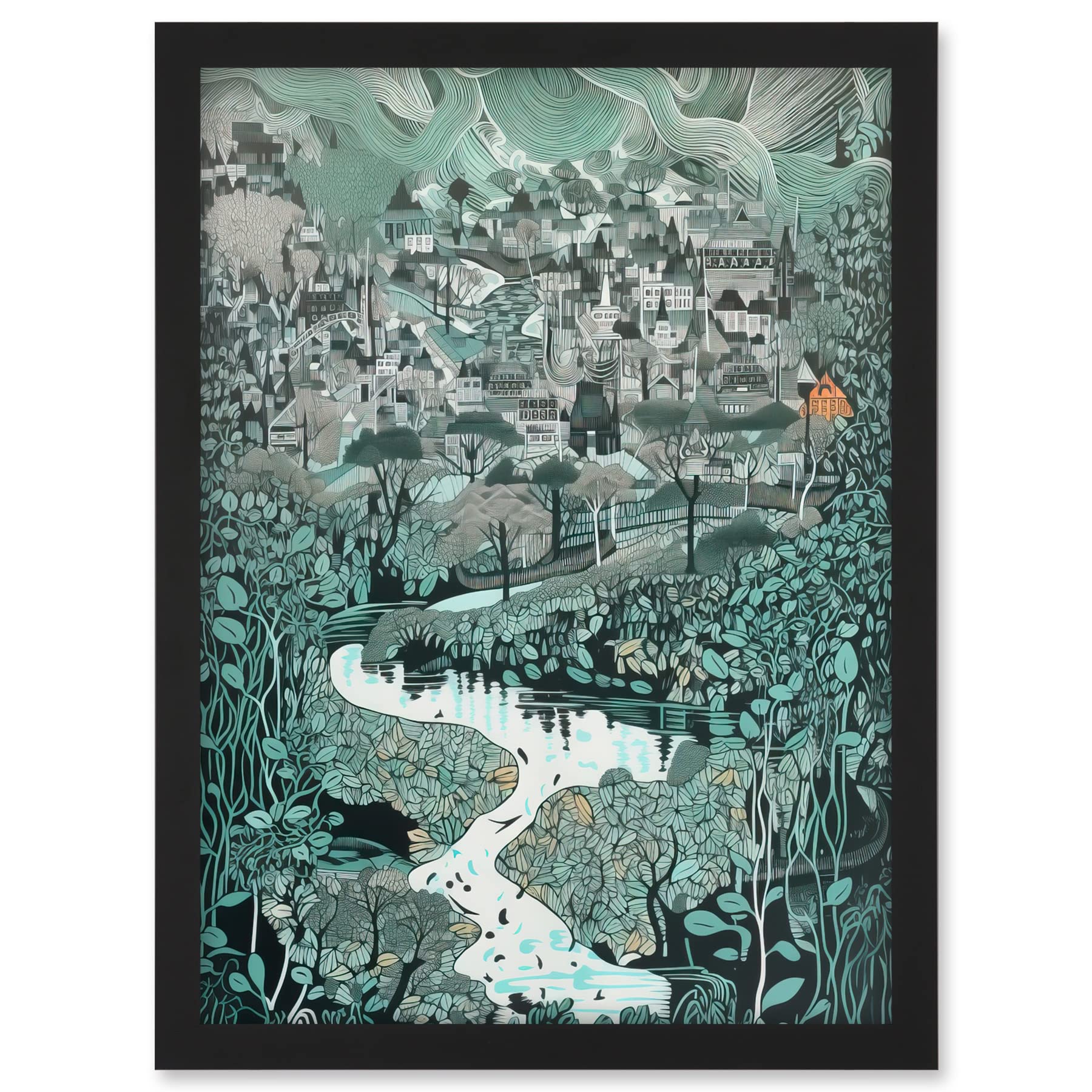 Artery8 Village Near River Forest Landscape Blue Linocut Artwork Framed A3 Wall Art Print