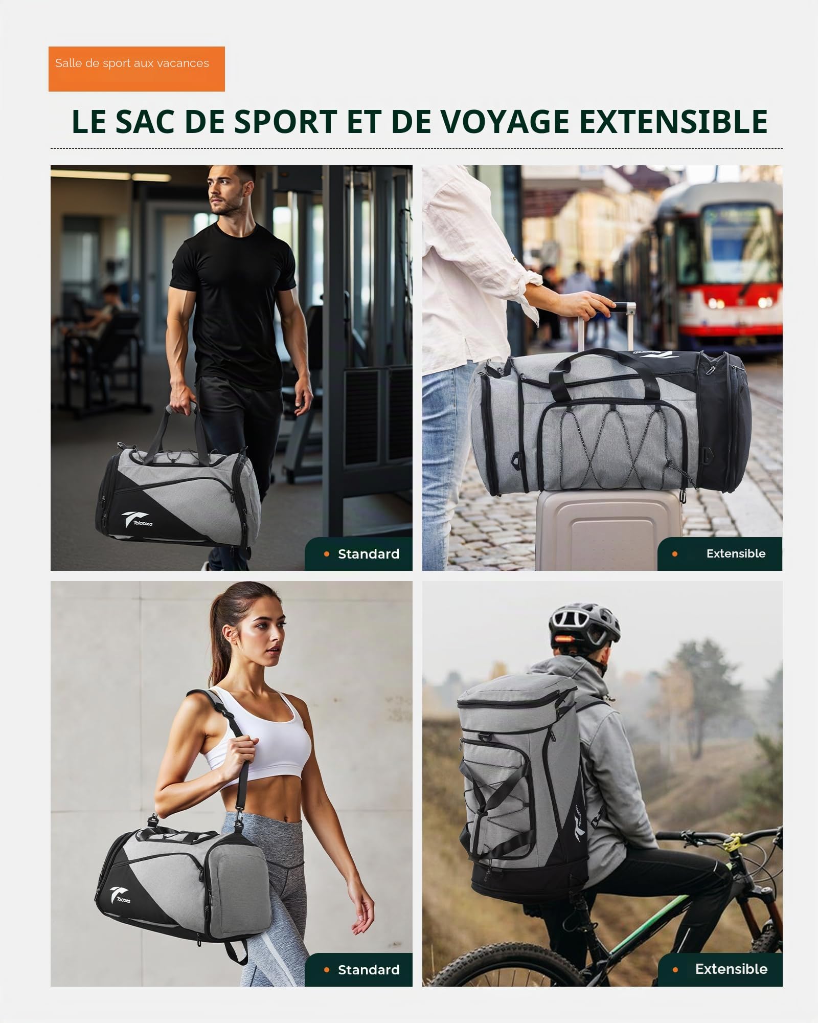 Tolaccea Sac de Sport pour Homme et Femme - 45 à 63 l - Extensible - Grand Sac de Sport avec Compartiment à Chaussures - Compartiment Humide pour Ordinateur Portable