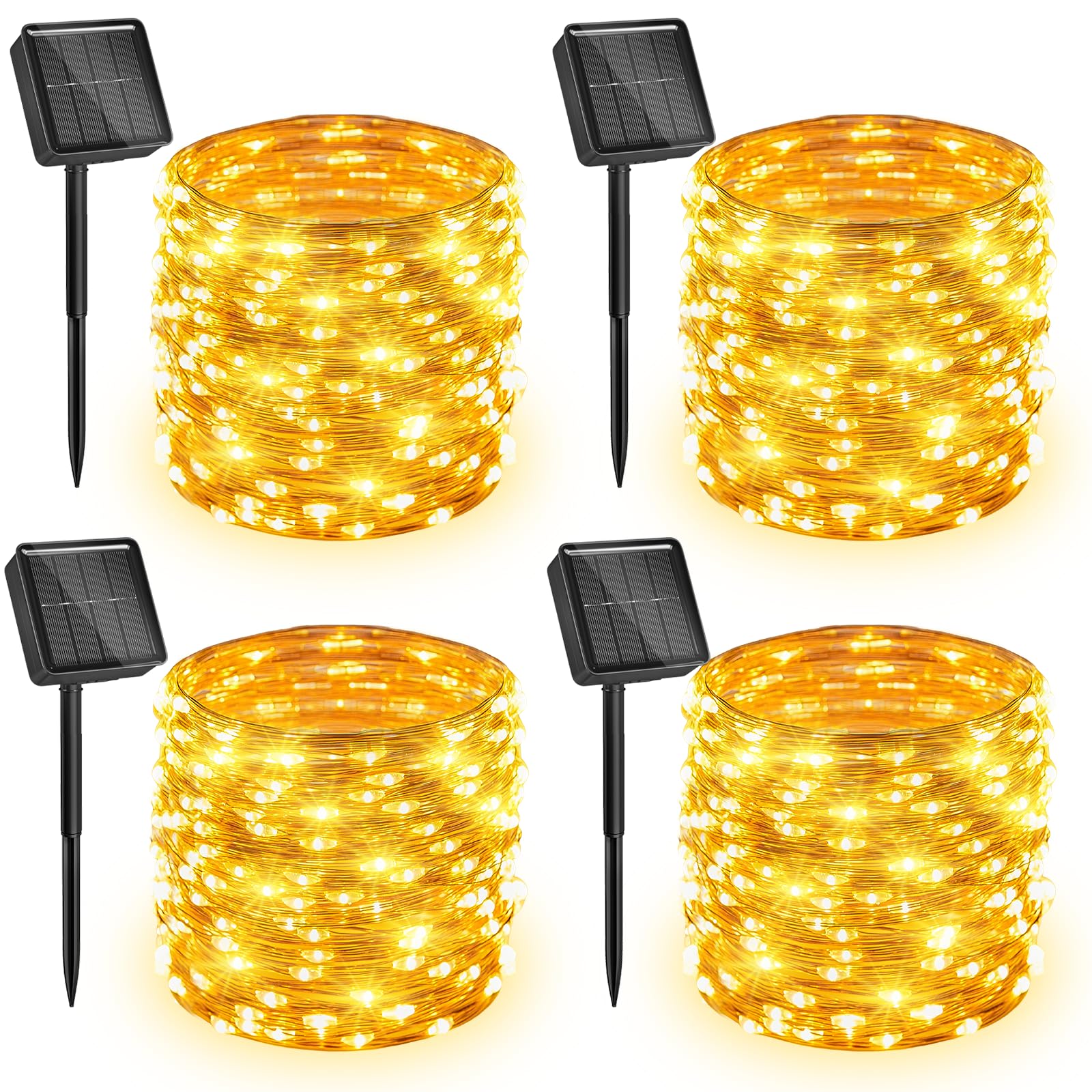 Minetom Guirnalda de luces solares, 4 paquetes en total de 400 luces LED solares de hadas de 132 pies, luces solares impermeables para exteriores, patio, árbol, boda, Navidad, blanco cálido