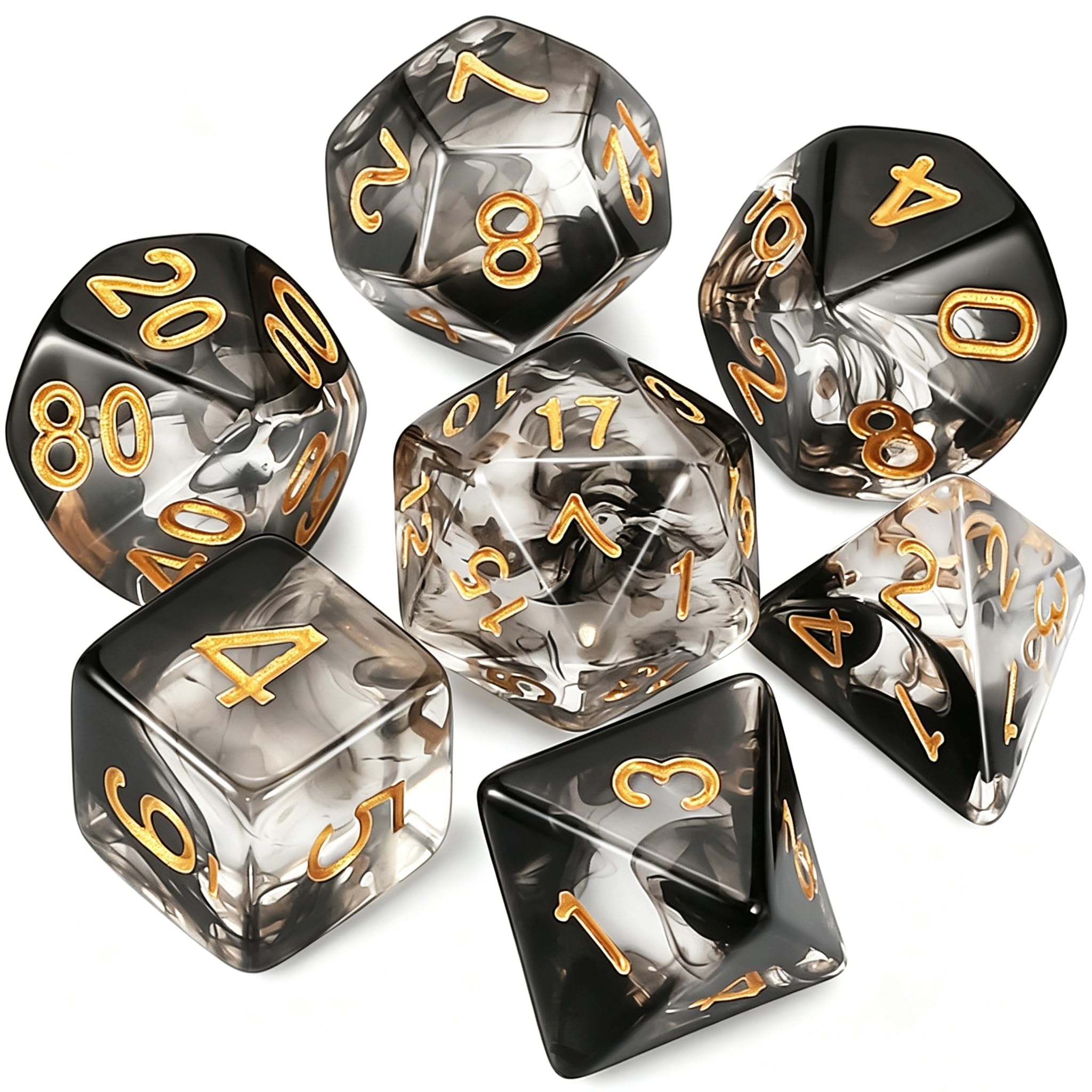 QMAY DND - Juego de dados poliédricos de 7 piezas para Dungeon and Dragons MTG RPG D&D D20, D12, D10, D%, D8, D6, D4 (seda flotante negra transparente)