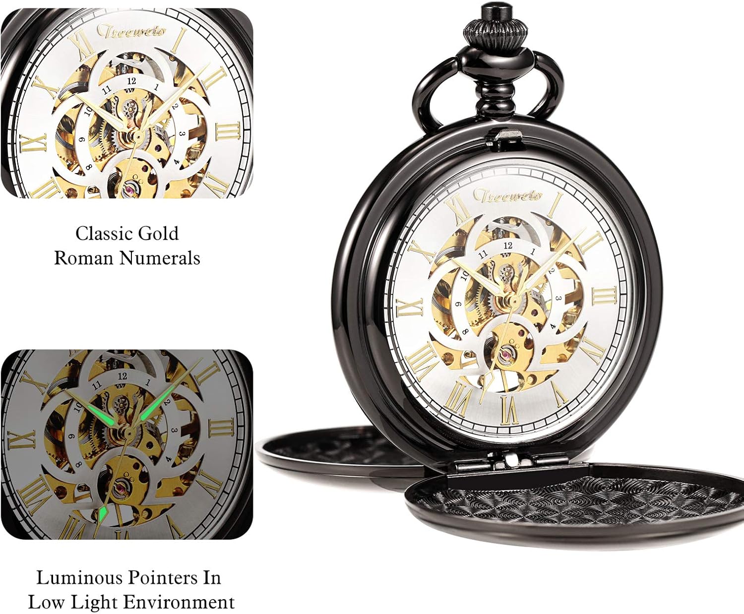 TREEWETO Customized Pocket Watch Unisex Personalized Engraving Analog Mechanical Pocket Watch Smooth Double Cover for Men Women