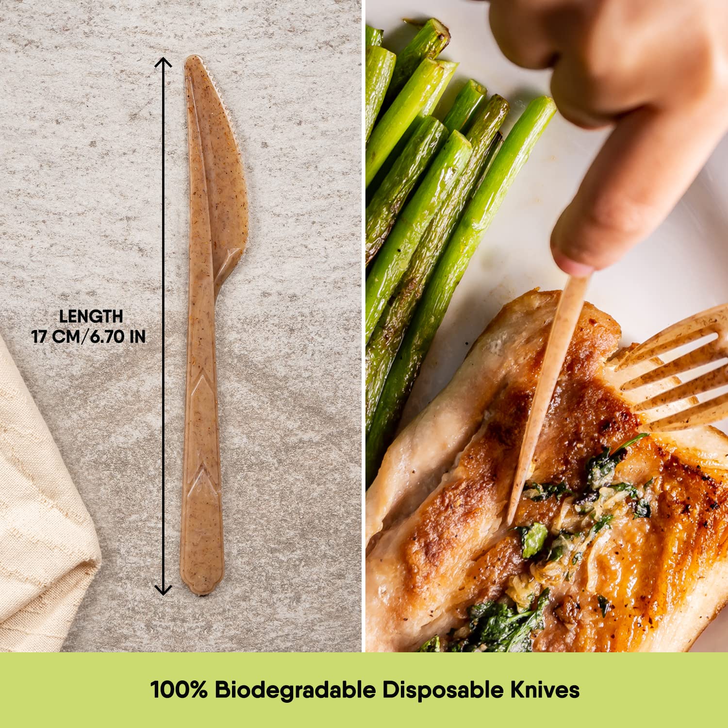 Premium Quality100% Biodegradable Knives Made of Vegetable Fibers, 100 PCS of 6.7” Long Heavy-Duty and Splinter Free Eco-Friendly Knives, Perfect Sustainable Cutlery for All Types of Occasions