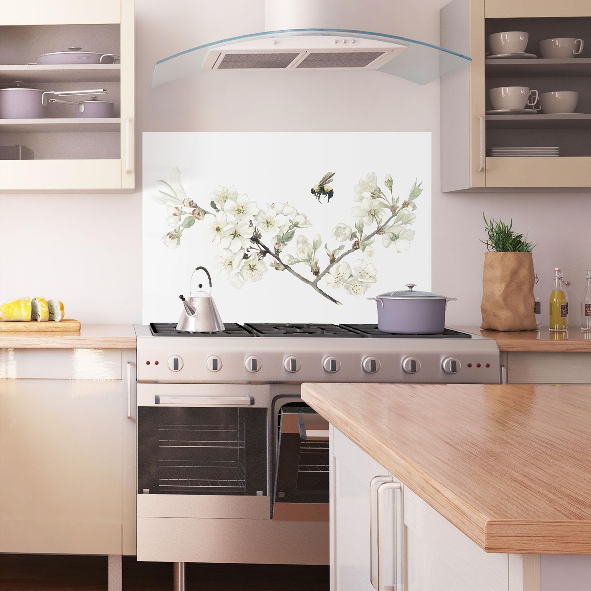 ARTHUB® Crédence de Cuisine en Verre 60x100 cm, Bee Spring Flower | Protection Contre Les éclaboussures, Revêtement Mural en Carreaux, Plaque en Verre, Verre trempé, Paysages, Printemps