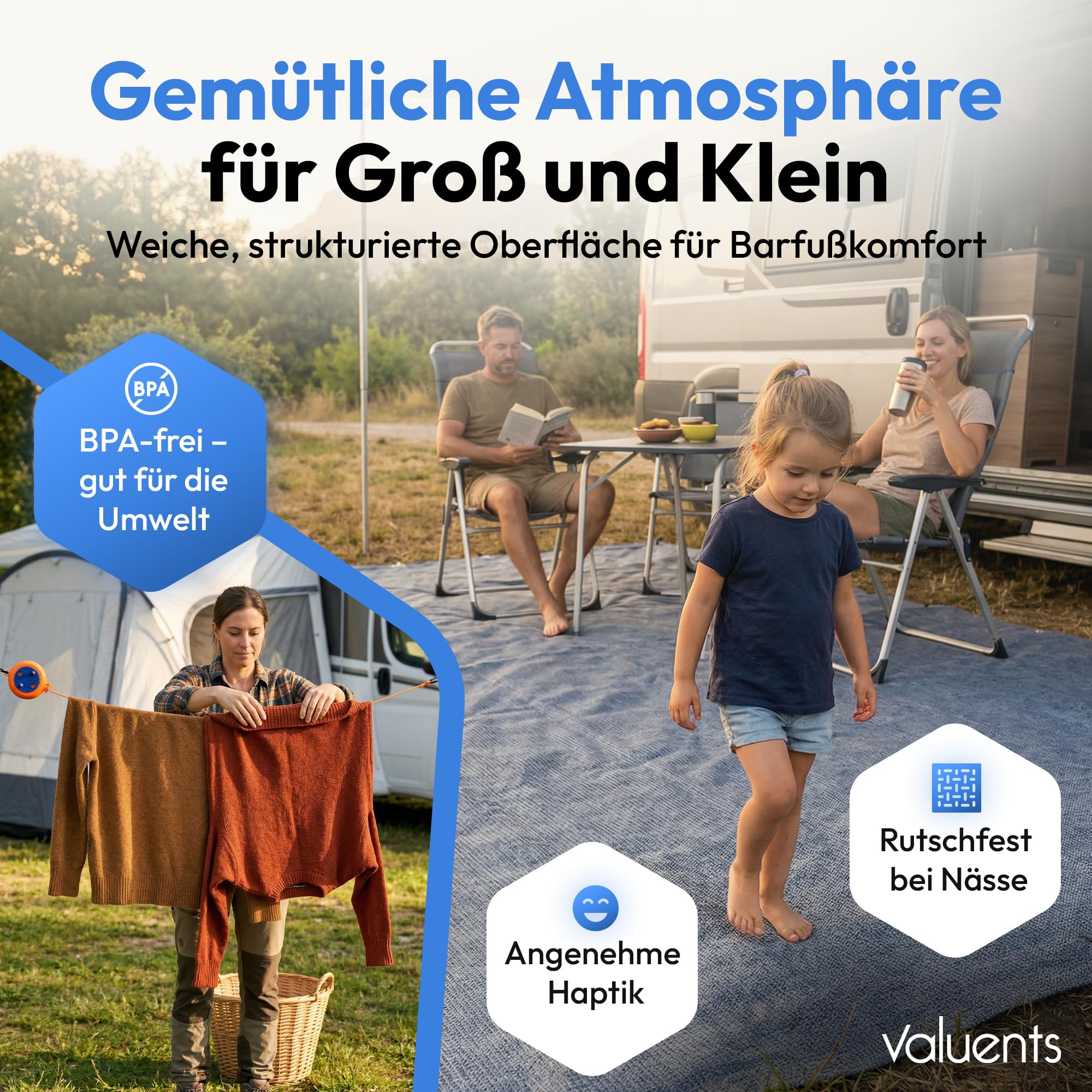 Vorzeltteppich - blau/grau - Verschiedene Größen - Camping Teppich Outdoor - Zelteppich Wohnwagen/Wohnmobil inkl. Tragetasche +Plus: Wäscheleine & 8 T-Heringe