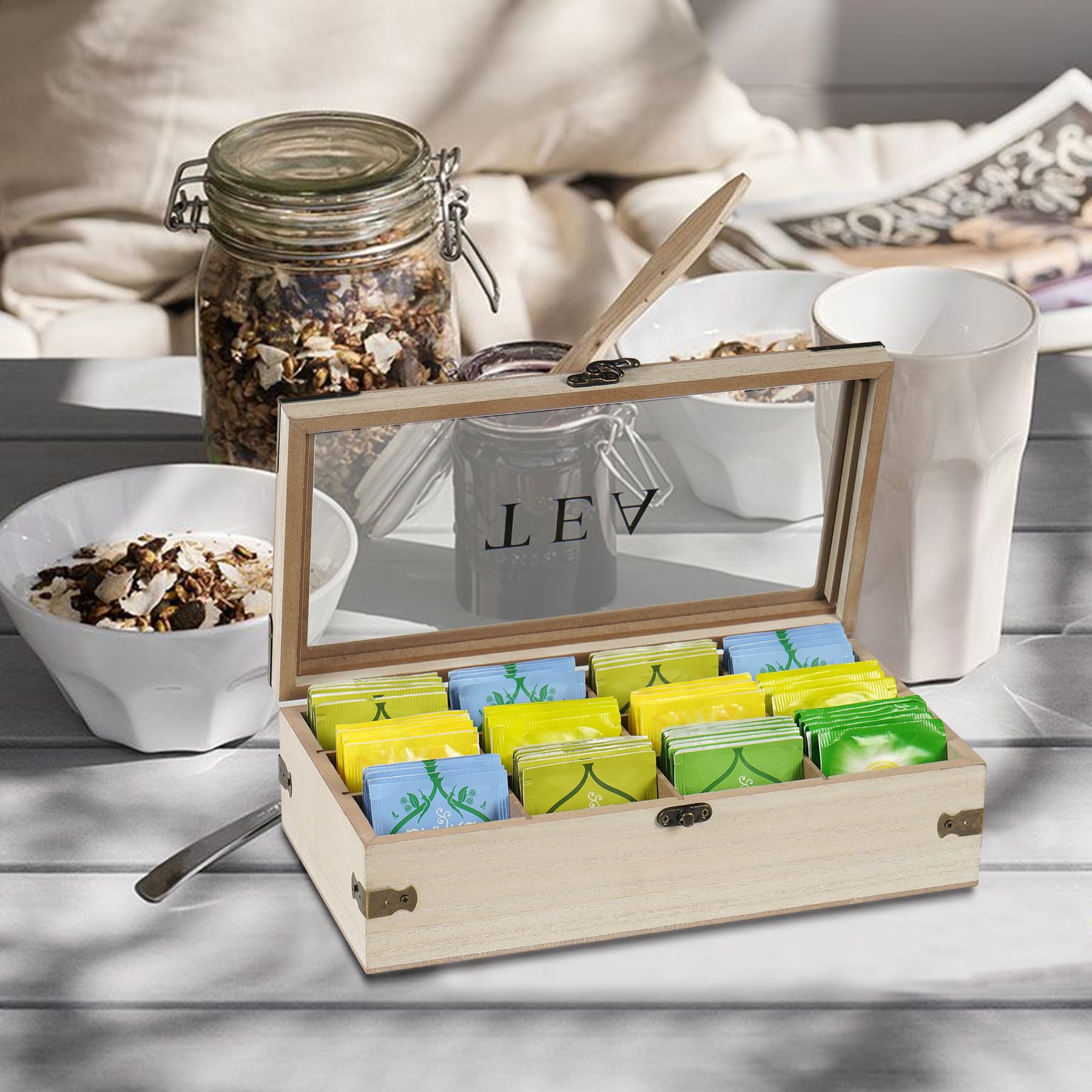 handrng Teebox-Organizer, Tee-Organizer für Teebeutel, Holz, 12 Fächer, Tee-Aufbewahrungs-Organizer, Teebeutelhalter mit transparentem Deckel für Tisch, Schrank, Schublade