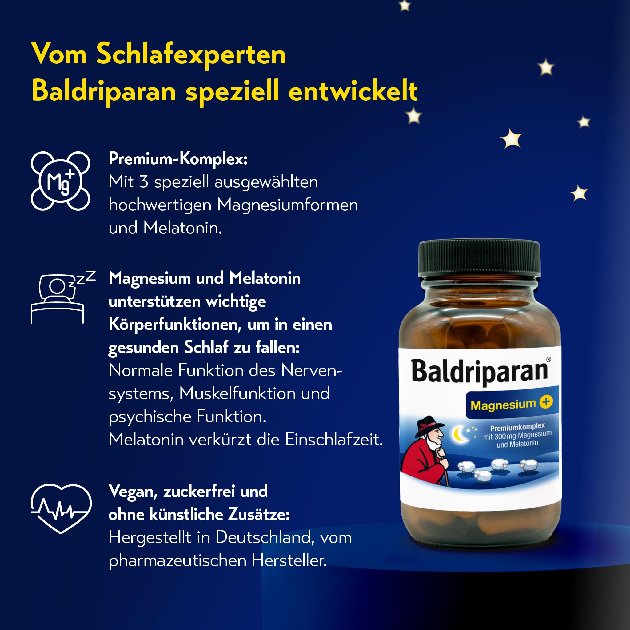 Baldriparan® Magnesium Plus - mit 1mg Melatonin und Magnesiumbisglycinat, hochdosierter Premium Magnesium-Komplex. Hohe Bioverfügbarkeit. Laborgeprüft, vegan und ohne künstliche Zusätze.
