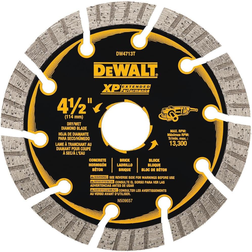 DEWALT Diamond Saw Blade, Extended Performance 4-1/2 in. D X 7/8 in. Diamond Turbo Segmented Cut-Off Blade for Tile, Concrete, Masonry Grinder (DW4713T)