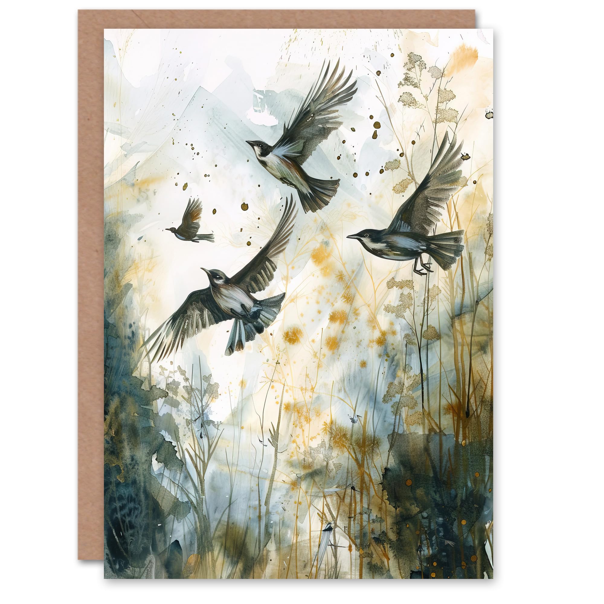 Artery8 Greeting Card - Watercolour Painting - Birds in Flight - Autumn - Green
