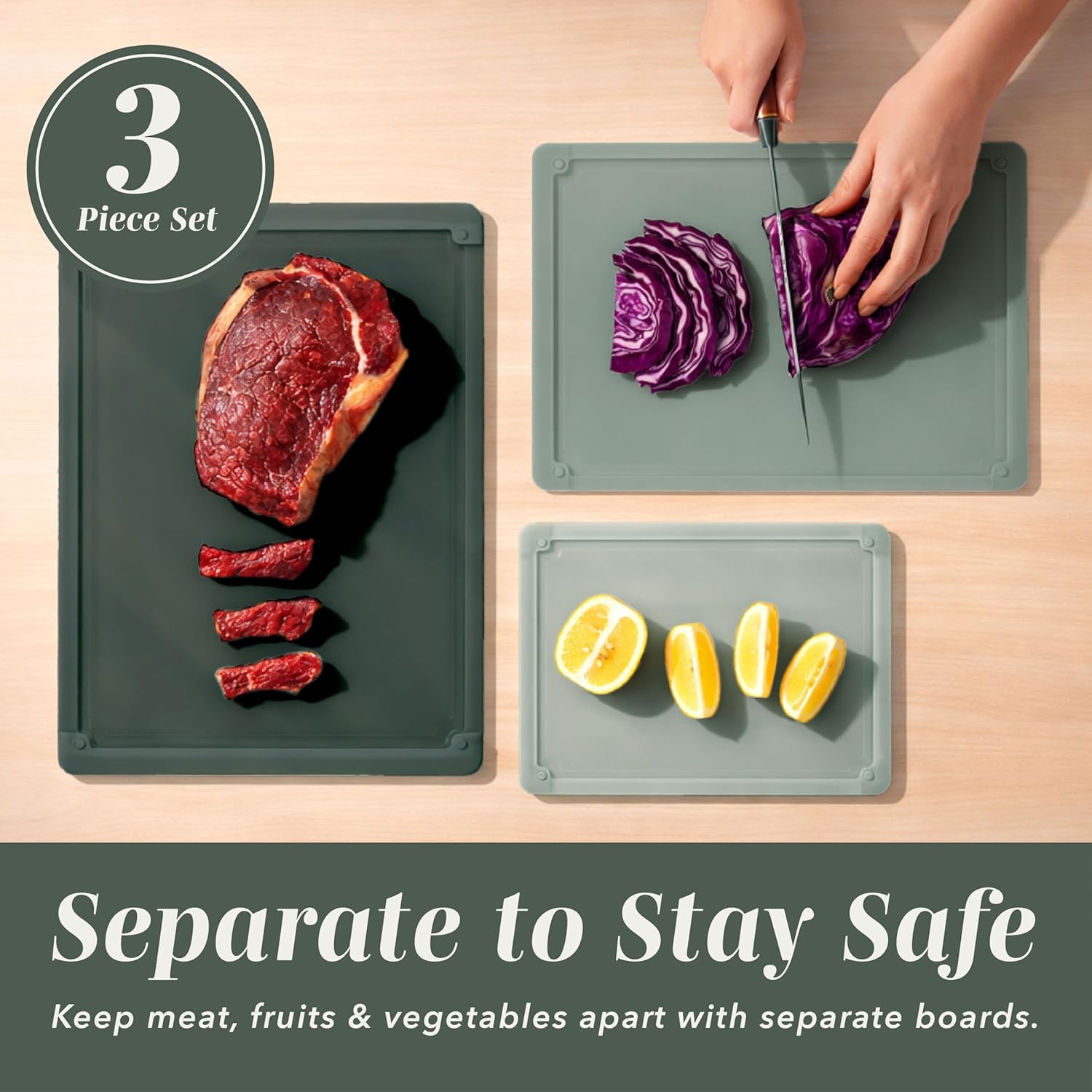 COOK WITH COLOR Extra Large Cutting Board Set, Jumbo-Sized Boards with Rubber Border for Enhanced Cooking Experience, 3-Piece, Dark Sage