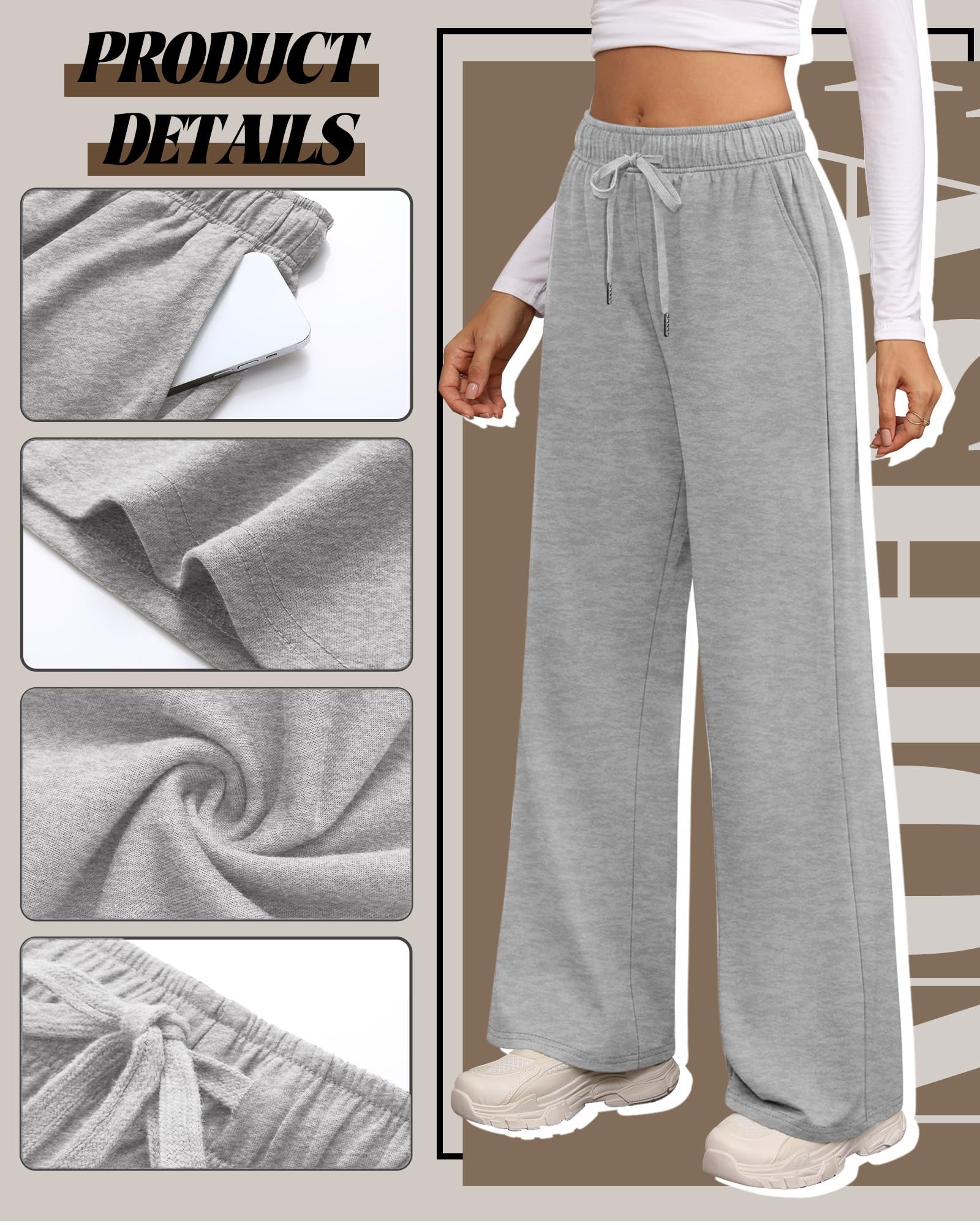 Riyiper Lot de 3 Pantalons de survêtement Larges pour Femmes Droits à Cordon de Serrage Taille élastique Jogging avec Poches