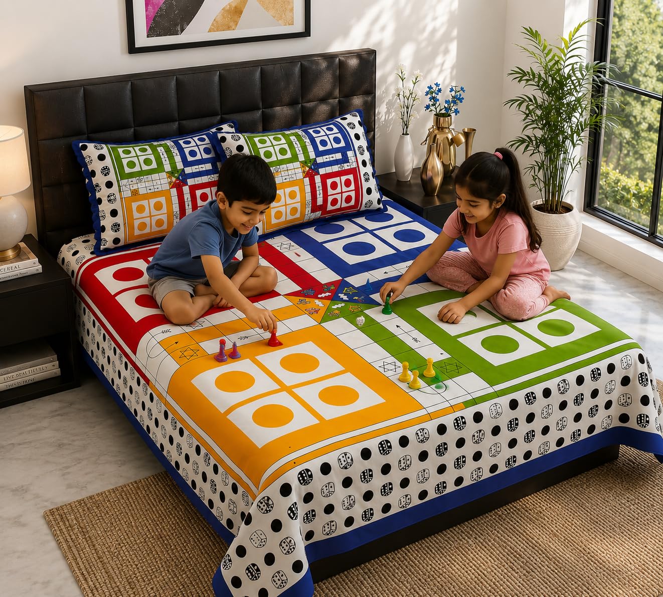 JAIPUR PRINTS King Size Bedsheet, with Two Pillow Covers| Super Soft BedSheet for King Size Bed|(235x215 cm/90x100inch) Flat Sheet,Ludo Print Double, Multicolour,Kids Game Theme-image-32