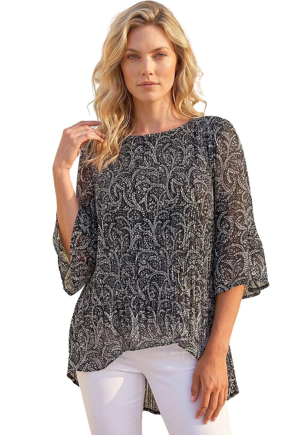 Roman Originals Women's Black White Floral Print Pleated Top For Uk - Everyday Autumn Winter Round Neckline Comfy Soft Evening Vacation Work Party Night Out - Size 12