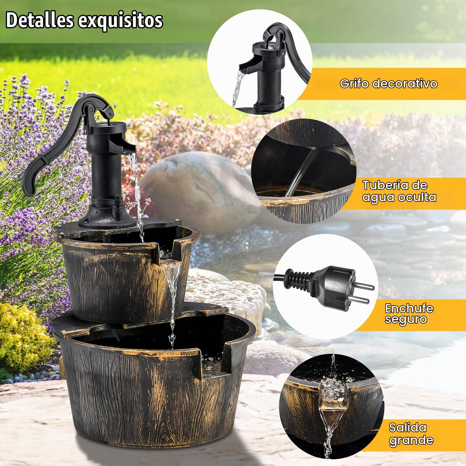 RELAX4LIFE Fuente de Jardín con Bomba de Agua, Fuente Decorativa 2 Niveles, Fuente Escalonada con Cascada Regulable, Fuente Decorativa de Jardín para Terraza, Jardín, Balcón, 45,5 x 41 x 68 cm