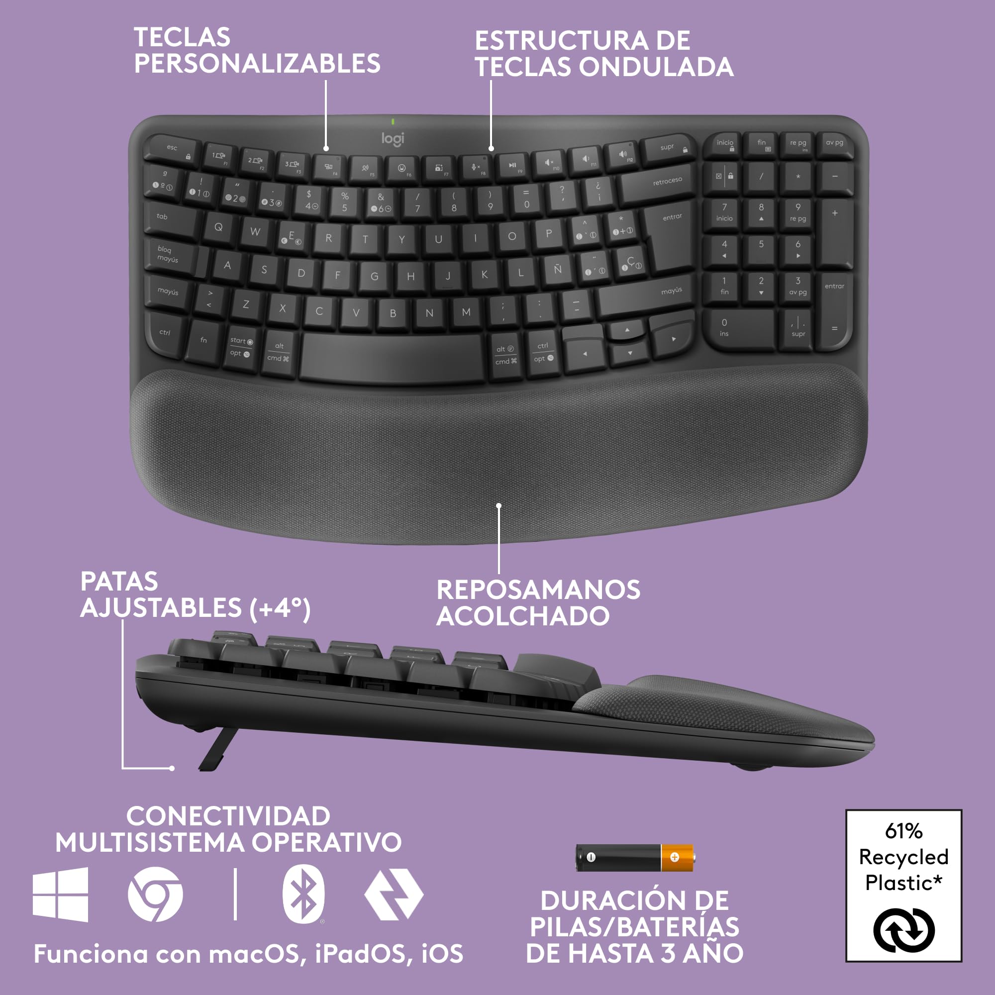 Logitech Wave Keys, teclado ergonómico inalámbrico con reposamuñecas acolchado, escritura cómoda, natural, Easy-Switch, Bluetooth, Logi Bolt, multisistema operativo, Windows/Mac,QWERTY Español-Grafito