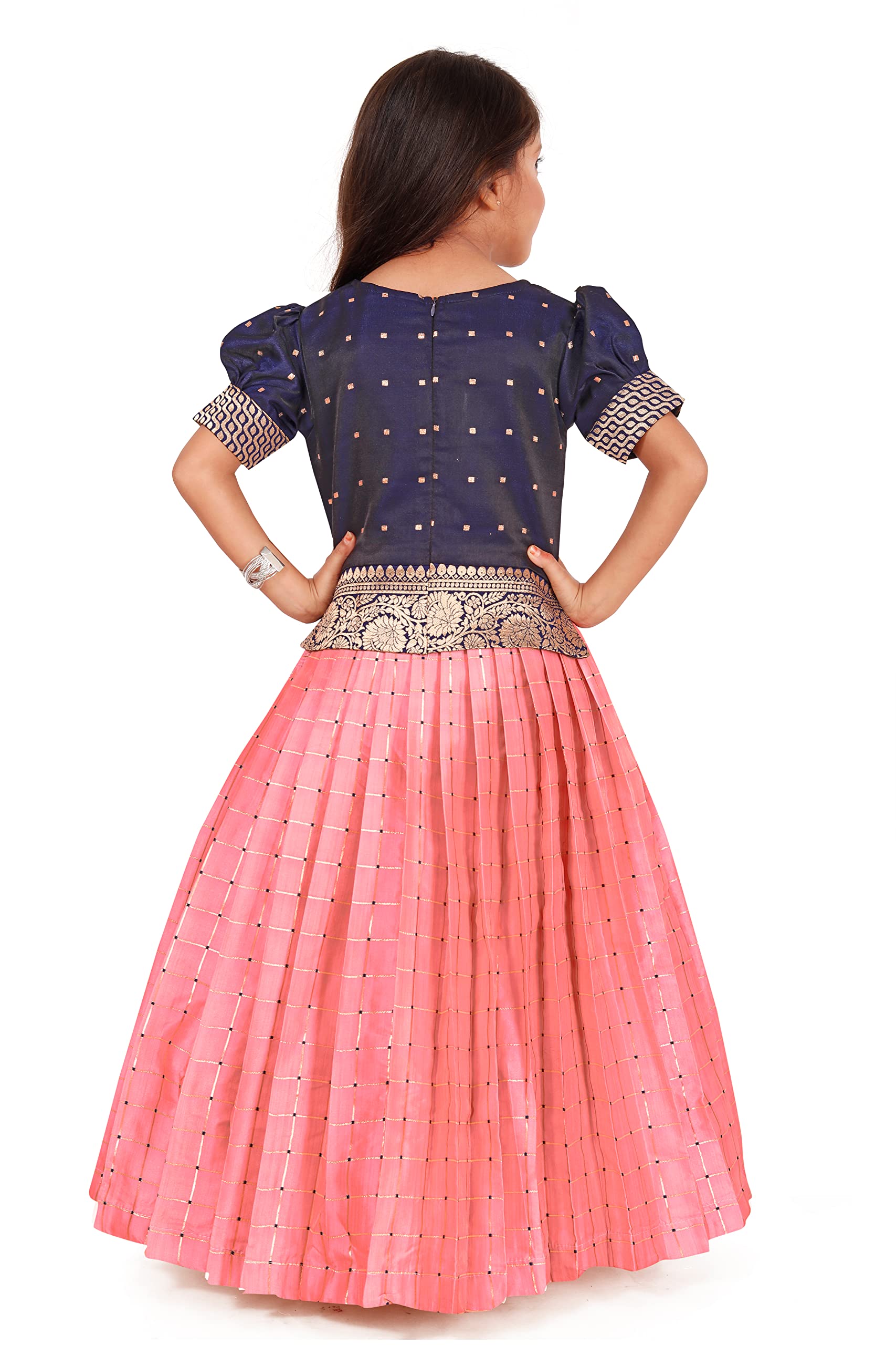 FELIZ THE DESIGNER STUDIO Girl's Round Neck Half Sleeve Pink Color Pattu Pavadai Cotton Silk Lehenga choli for 3-4 Years. (PUBGG-PP34) 2