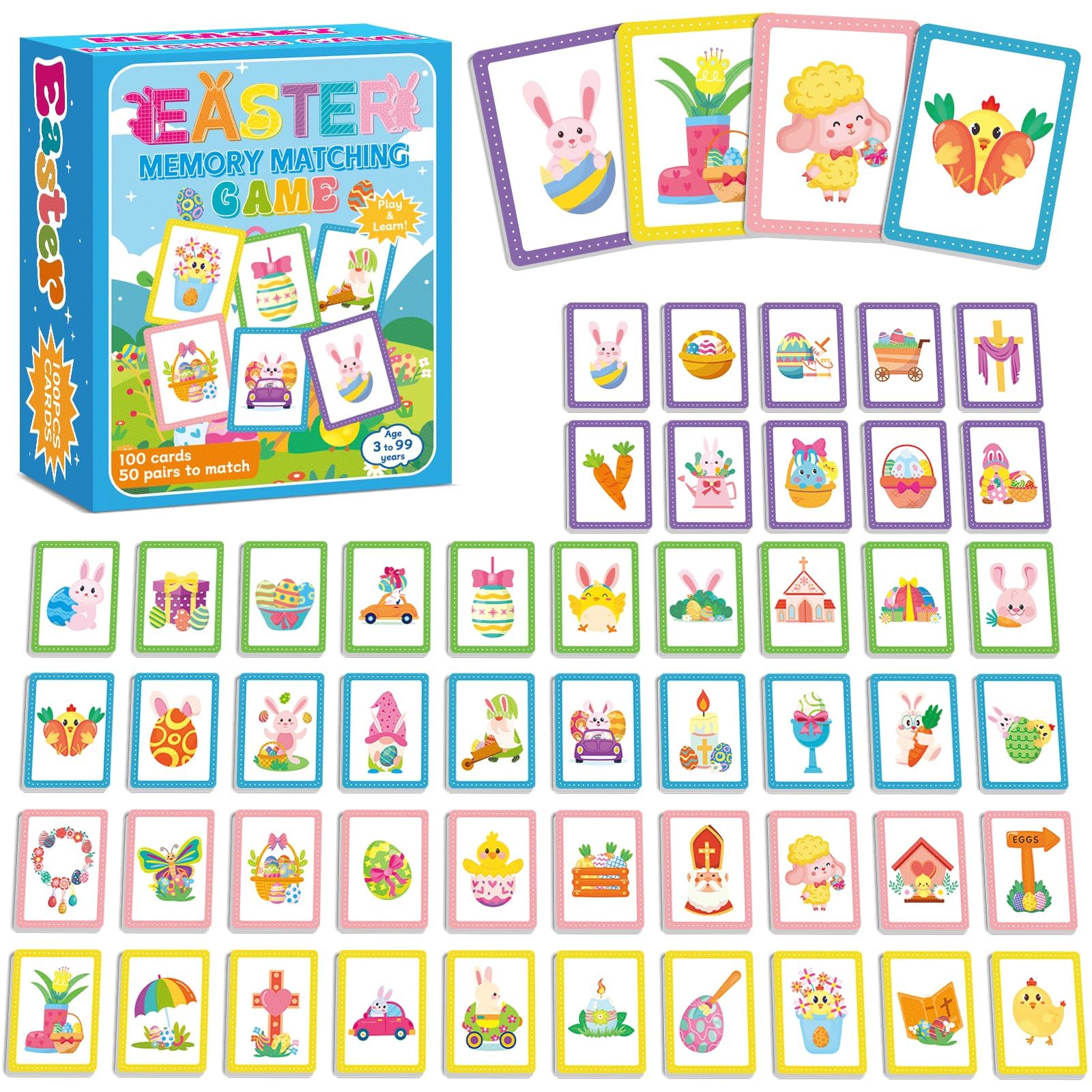 gisgfim 50 Pairs Memory Matching Game Easter Concentration Memory Games Card Learning Educational A Fun & Fast Easter Egg Bunny Religious Cross Matching Games