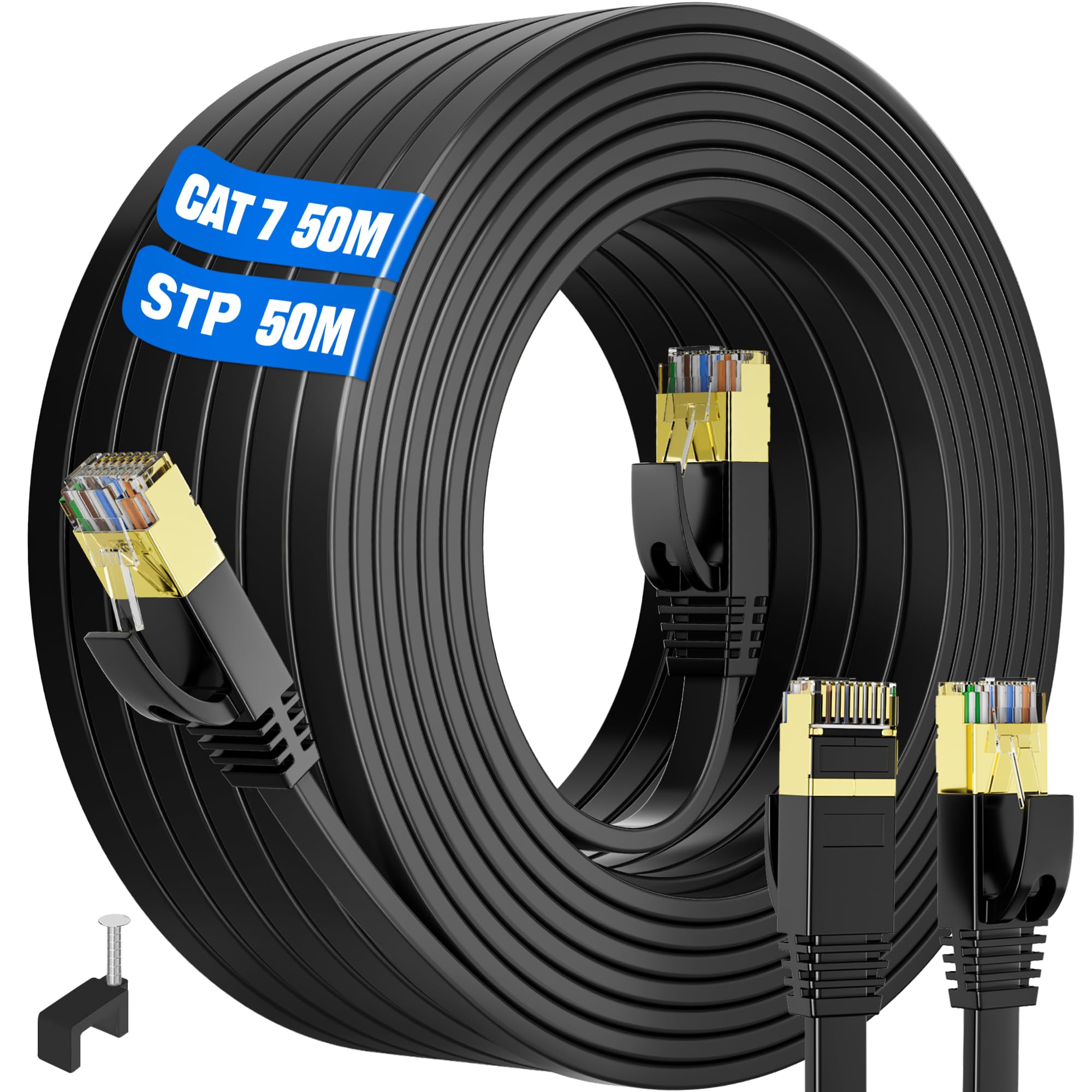 ikbc Cat 7 Ethernet Cable 50m, Flat Lan Cable 50m 10Gbps 600MHz FTP Shielded, High Speed Intermet Cable 50 Meter Cat 7 Gigabit Rj45 Network Cable Black for Router PS4/5 PC (50 Clips)