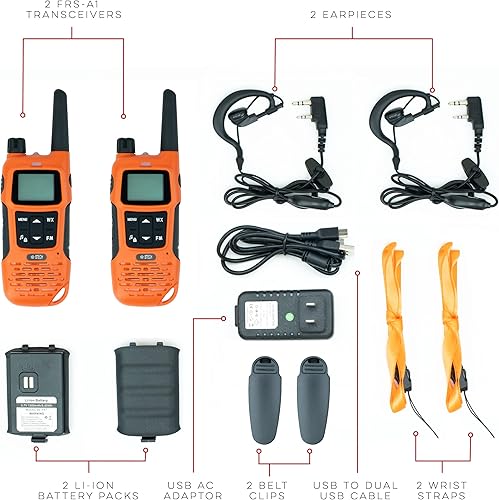 Miniatura 10 de BTECH Paquete de 2 walkie talkies FRS-A1, NOAA, radio bidireccional de alto rendimiento. Carga USB-C, linterna integrada, radio FM, NOAA y más