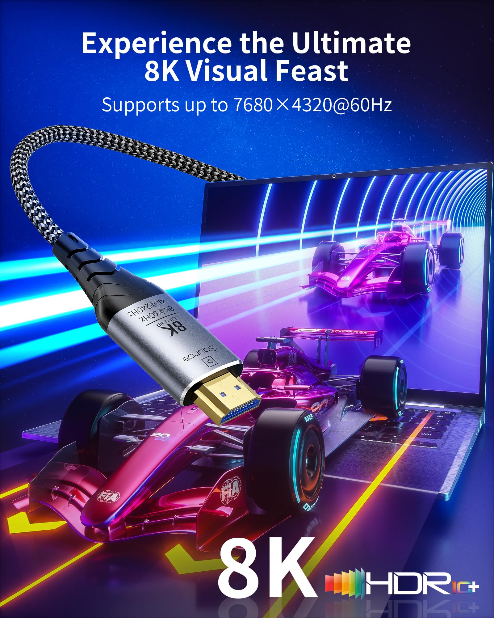 Cable HDMI de fibra óptica de 140 pies, 8K de largo activo HDMI 2.1 de 48 Gbps, trenzado de ultra alta velocidad, 8 K a 60 Hz, 4K a 120 Hz, HDR dinámico, eARC, HDCP 2.2 y 2.3, 3D, para laptop, PC, PS5
