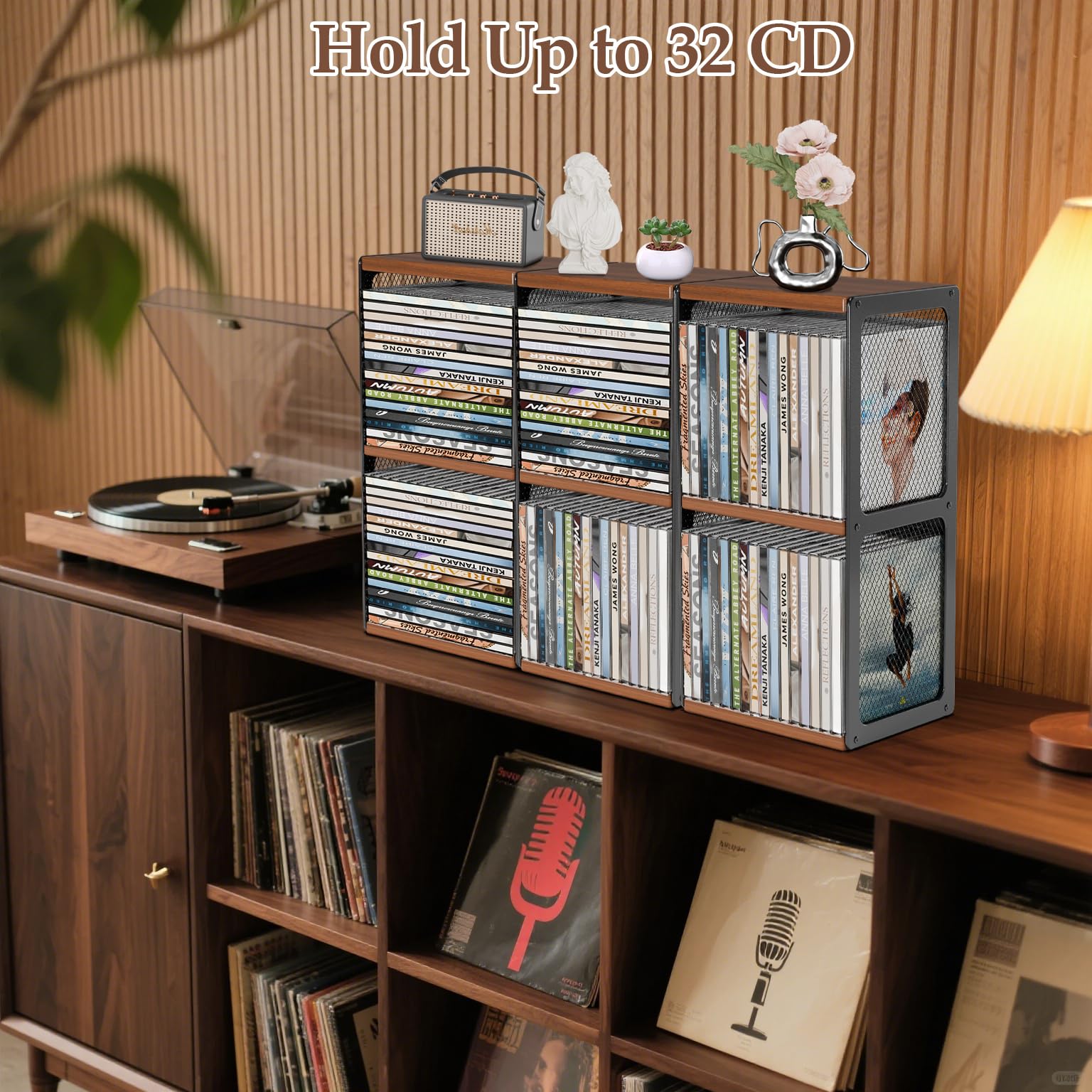Soporte de madera para CD, CD y DVD, soporte para almacenamiento, organizador, diseño de rejilla de madera y metal