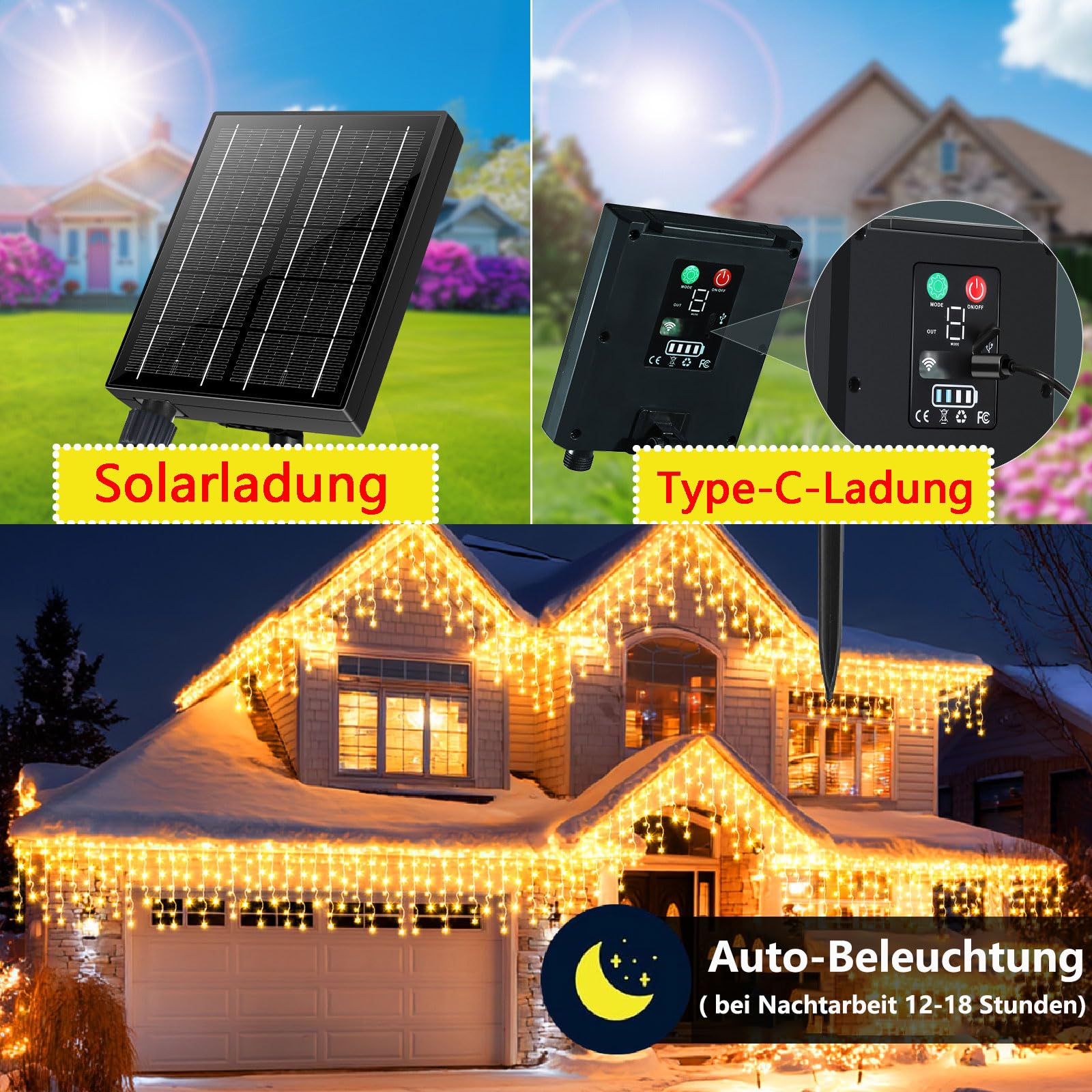 Solar Eisregen Lichterkette,Solarenergie und Wiederaufladbar,20m +5m 660 LED IP65 Wasserdicht, Mit 8 Modi & Timer und Speicher Weihnachtsbeleuchtung Außen für Balkon Fenster Haus Geländer (Warm-Color)