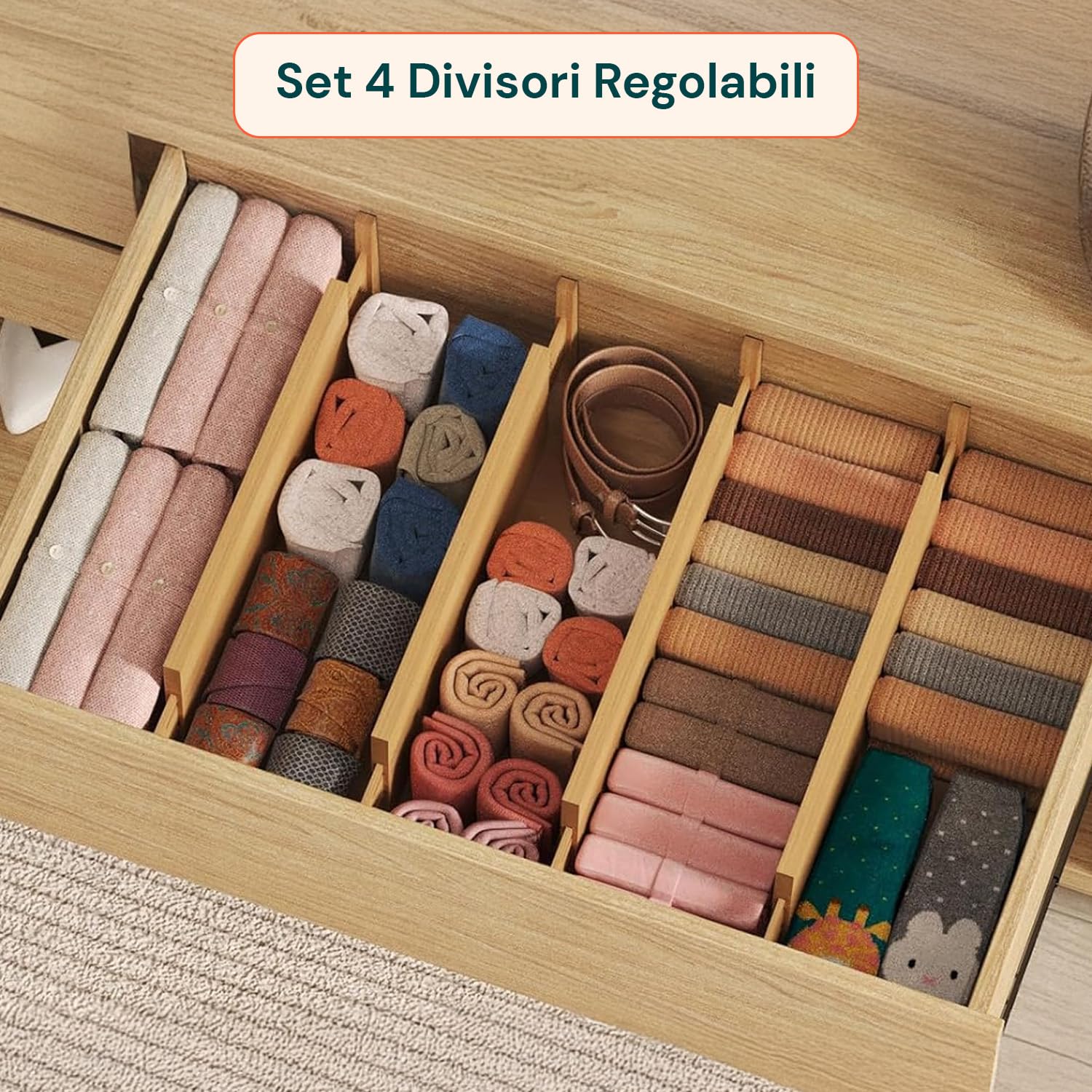 Avilia Divisori per Cassetti Set 4 Bamboo – Organizer Cassetti Regolabili 43–56 cm, Divisori Cassetti Cucina e Biancheria, Sistema a Molla Senza Attrezzi, Antiscivolo Salvaspazio