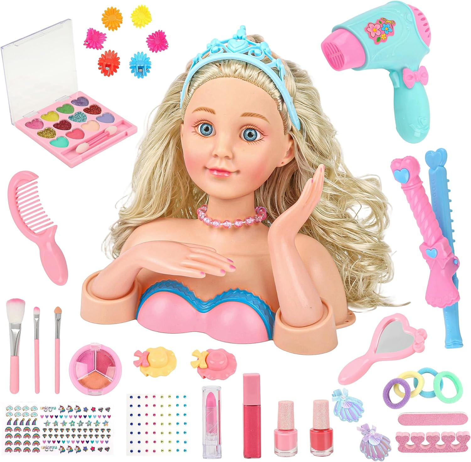 Hair Styling Doll Head Makeup Kit Girls Toys,Pretend Play Hair Salon Toy with Real Cosmetics Nail Polish,Hairdryer Curling Iron Hair Accessories Beauty Stylist Kit Girl Gifts 3 4 5 6+ Years Old 5807