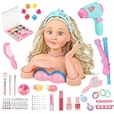 Hair Styling Doll Head Makeup Kit Girls Toys,Pretend Play Hair Salon Toy With Real Cosmetics Nail Polish,Hairdryer Curling Iron Hair Accessories Beauty Stylist Kit Girl Gifts 3 4 5 6+ Years Old