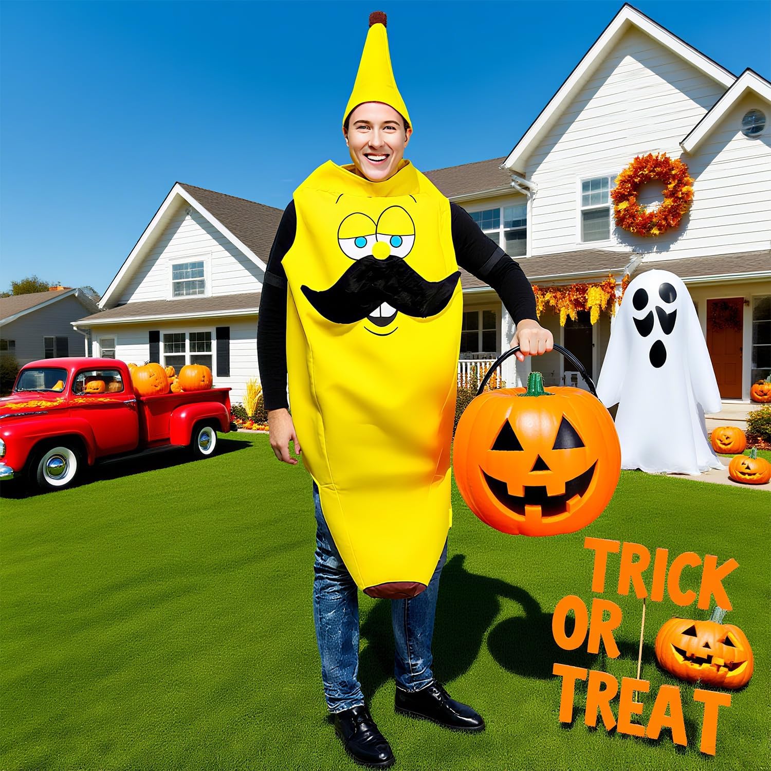 Halloween Banana Costume Adult, One Size Bearded Banana Onesie Fruit Costume for Men Cosplay Party - Image 2