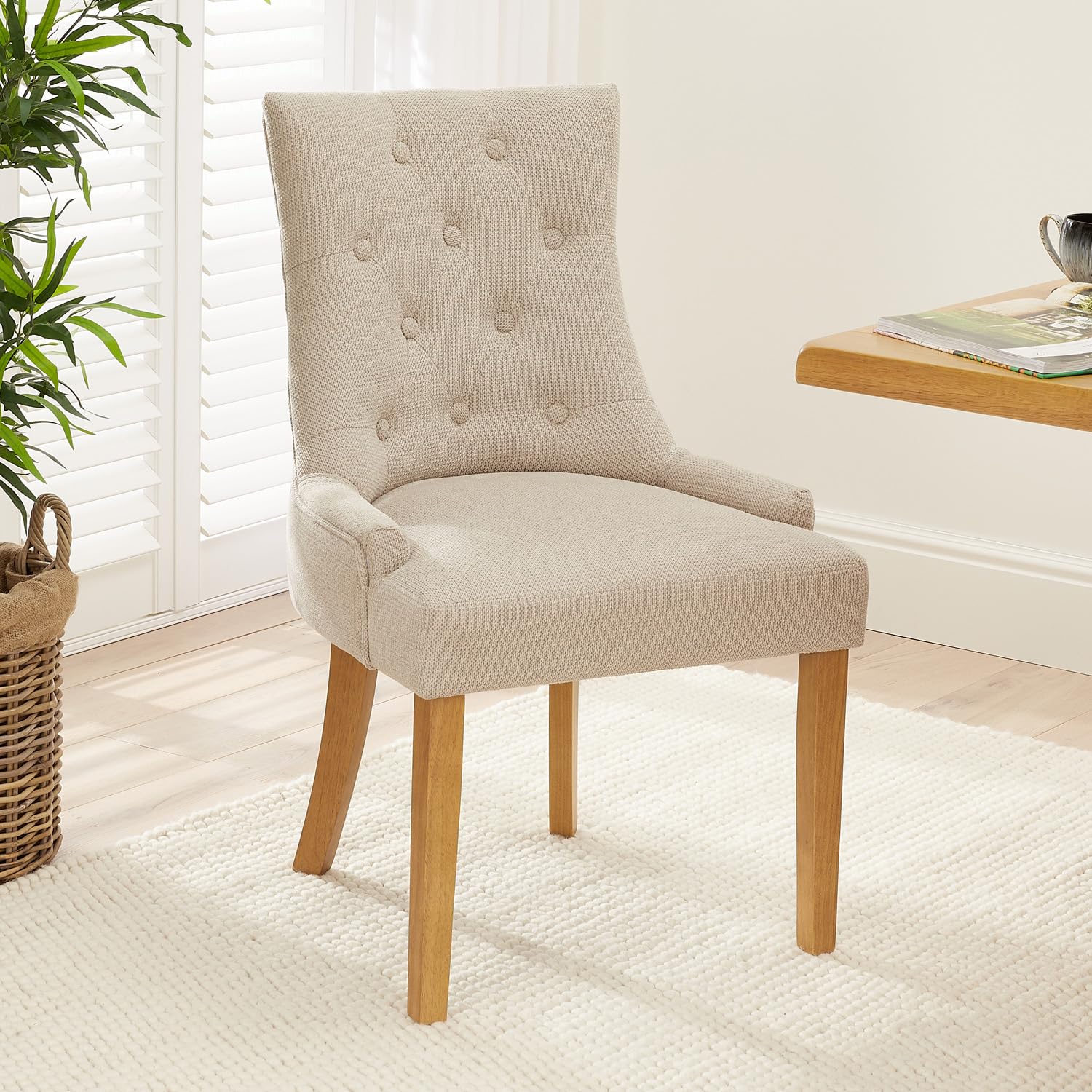 The Furniture Market Luxury Natural Oatmeal Woven Fabric Scoop Back Dining Chair | Button Quilted Upholstery | Stud Detailing | Sprung & Webbed Seat | H 920 x W 560 x D 610mm