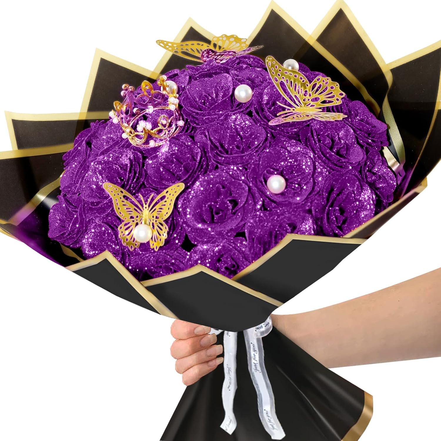 Purple Glitter Roses Bouquet, 24 Pcs Shiny Glitter Flowers Bouquet, Everlasting Artificial Roses Bouquet for Mothers Day, Birthday, Anniversary, Wedding, Engagement, Christmas