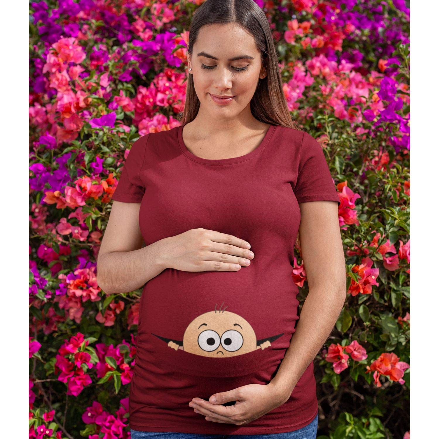 TheYaYaCafe Mothers Day Peek a Boo Women's Pregnancy Maternity T-Shirt Top Tee Round Neck Half Sleeves Maroon 2XL 2