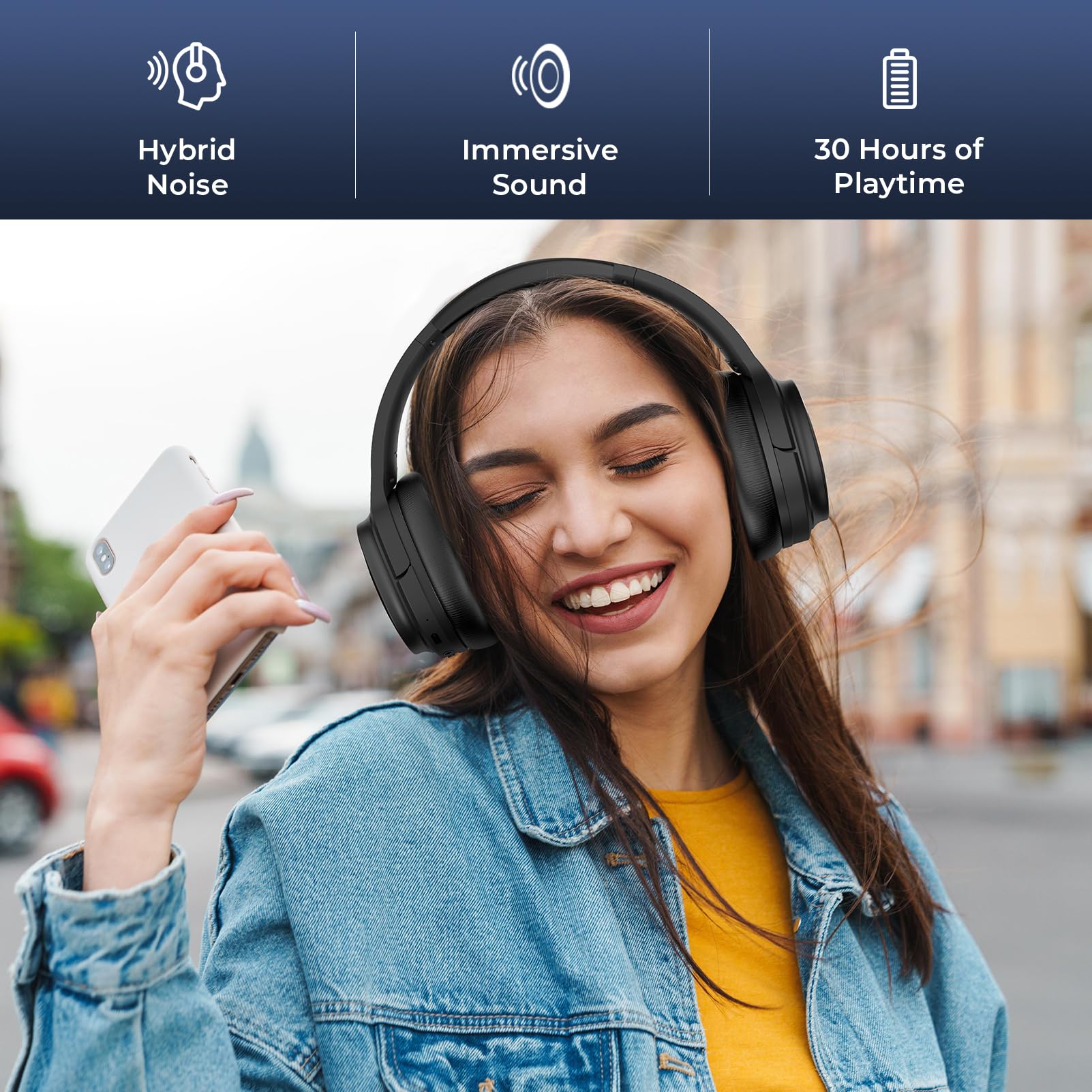 MOVSSOU Cuffie ibride con cancellazione attiva del rumore, cuffie Bluetooth wireless over ear con microfono, bassi profondi, cuscinetti auricolari in memory foam, 30 ore per viaggio/ufficio/casa, nero