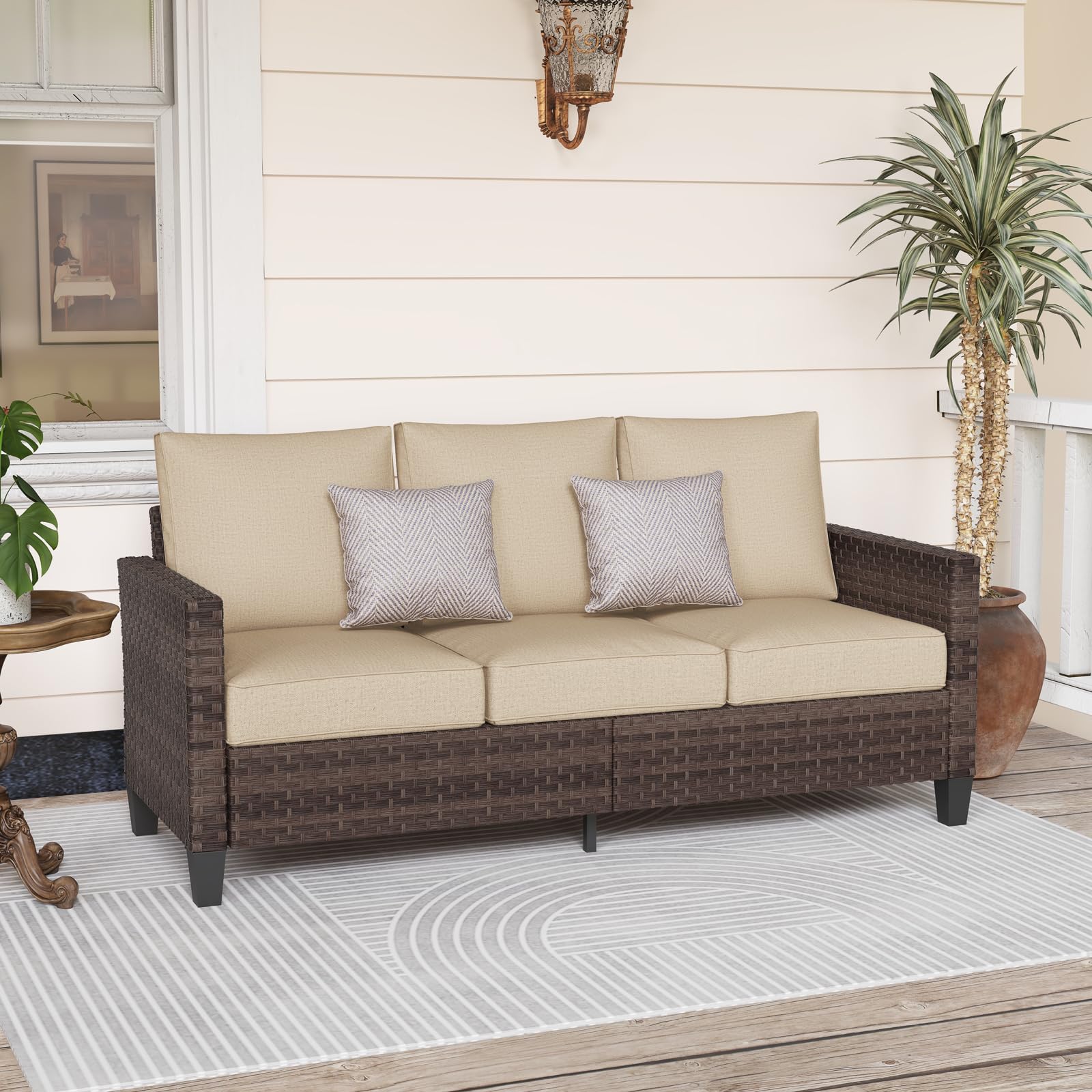 SUNSITT Outdoor Patio Couch Sofa, All Weather Wicker 3 Seater Couch, Outdoor Seating Patio Furniture Sofa with Beige Olefin Cushion for Balcony Porch Deck