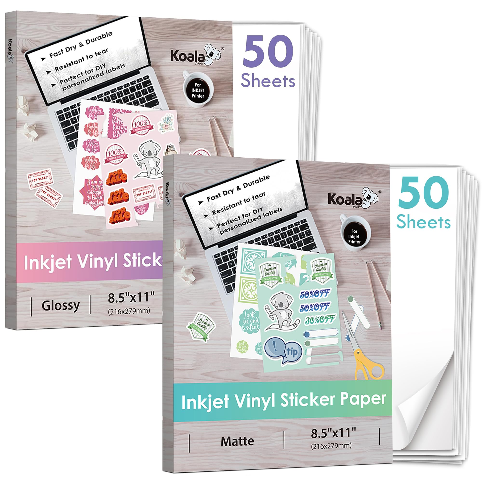Amazon.com : Koala Printable Vinyl Sticker Paper for Inkjet Printers ...