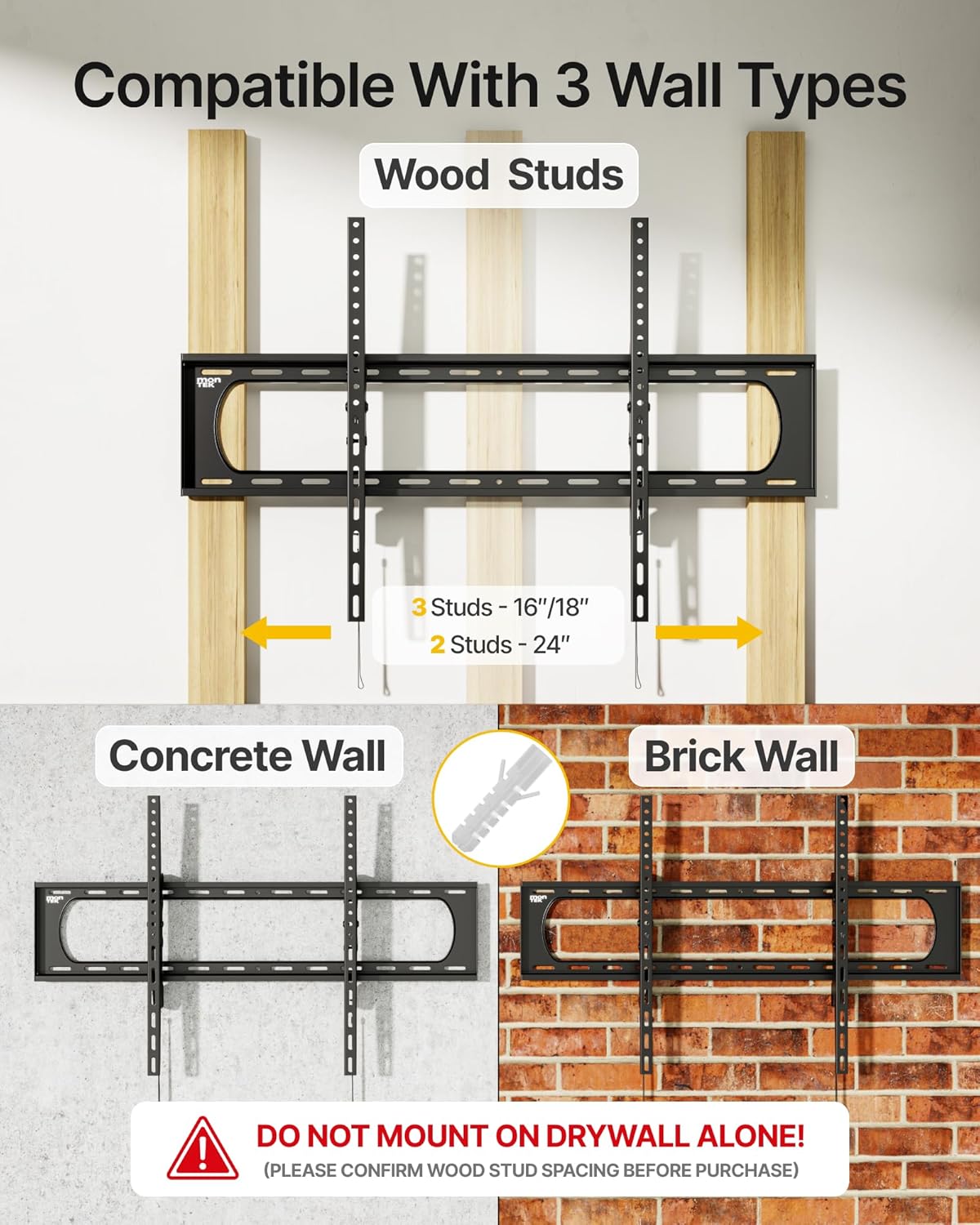 monTEK Heavy Duty Tilting TV Wall Mount for 60–120” Large TVs up to 300 lbs, 4X Safety Tested, 10° Tilt for Glare-Free Viewing, Low Profile Slim Bracket, Max VESA 900x600, Fits 16”/18”/24” Studs