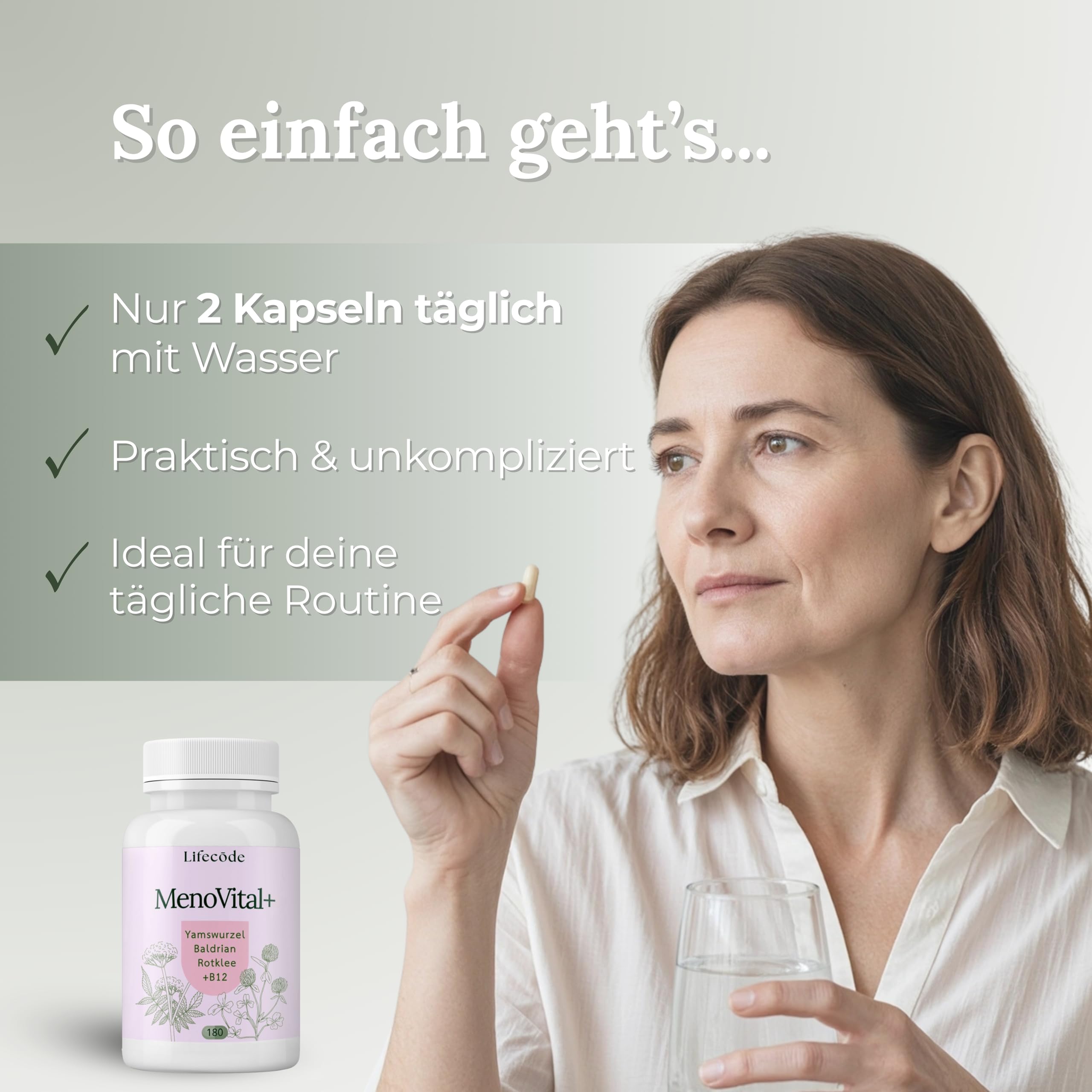 Wechseljahre Kapseln für Frauen ab 50 | Meno Vital+ | Komplex mit Yamswurzel, Rotklee & Baldrian | Eisen, Folsäure & B-Vitamine | Hitzewallungen, Schlaf & Stimmung | 180 vegane Kapseln, laborgeprüft