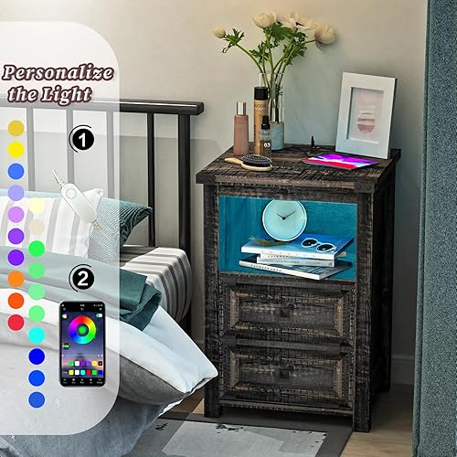 Miniatura 4 de Wodeer Mesita de noche LED con estación de carga, mesa auxiliar de granja con 2 cajones de almacenamiento y puertos USB y tomas, mesita de noche