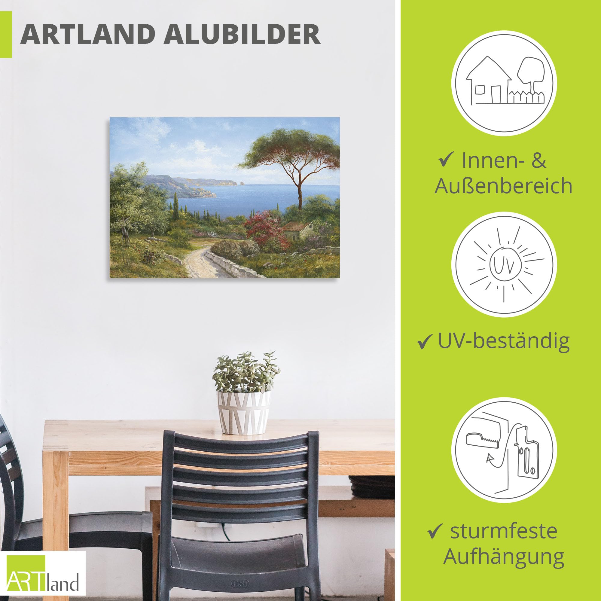 ARTland Wanddeko Wandbild Alu Verbundplatte für Innen & Outdoor Bild Landschaft Toskana Meer Küste Natur Wald Baum Himmel Malerei T4DL
