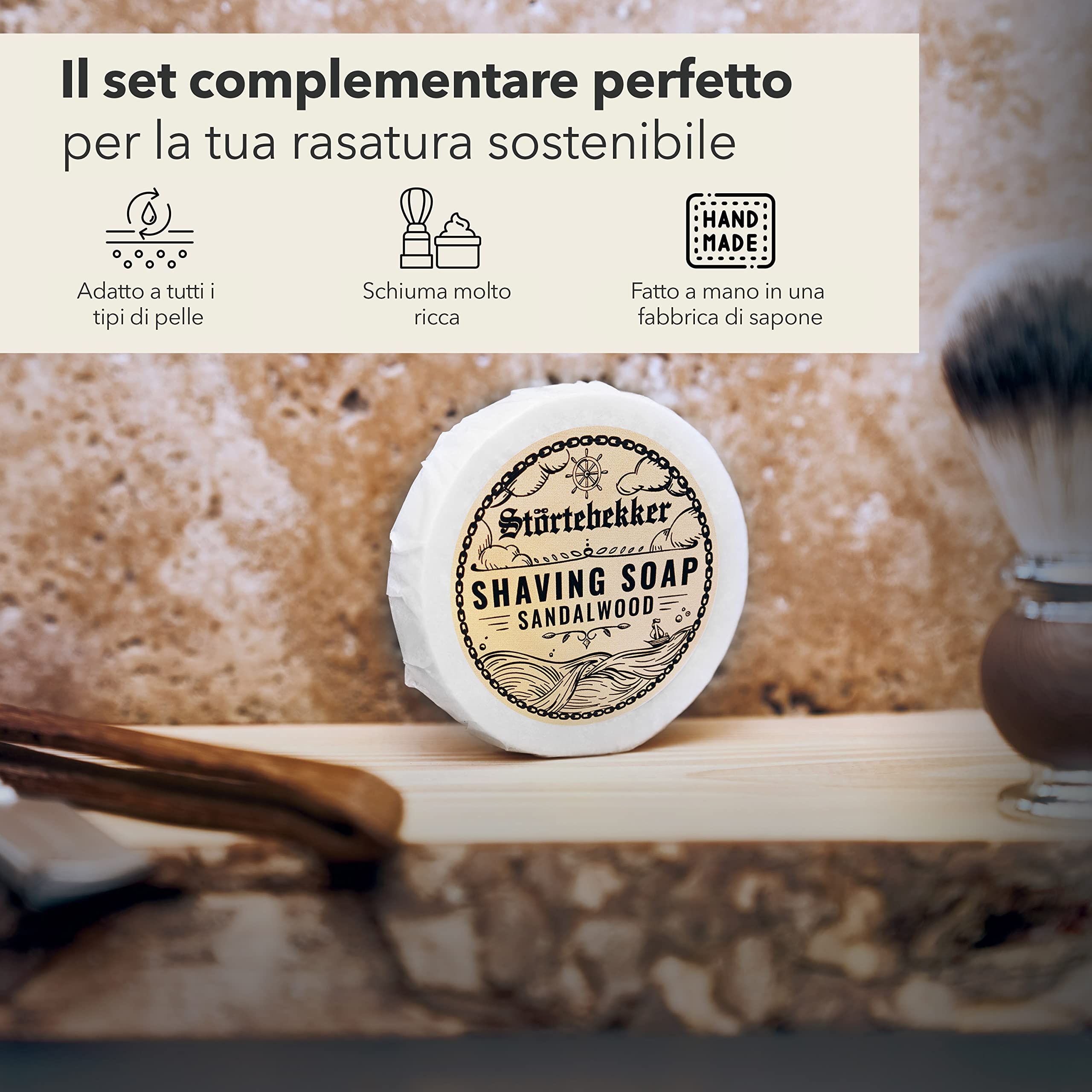 Störtebekker Premium Sapone da rasatura (Sandalo) - per una ricca schiuma da barba - Perfetto per la rasatura con rasoio di sicurezza e rasoio a lama dritta - vegano - fatto a mano (70g, 1pc.)
