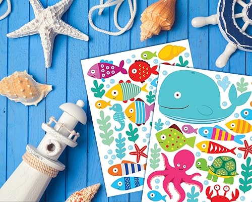 Miniatura 5 de Calcomanías de pared de peces marinos, ballena marina, tortuga, criaturas tropicales, calcomanías de baño, calcomanía decorativa de pared de baño de