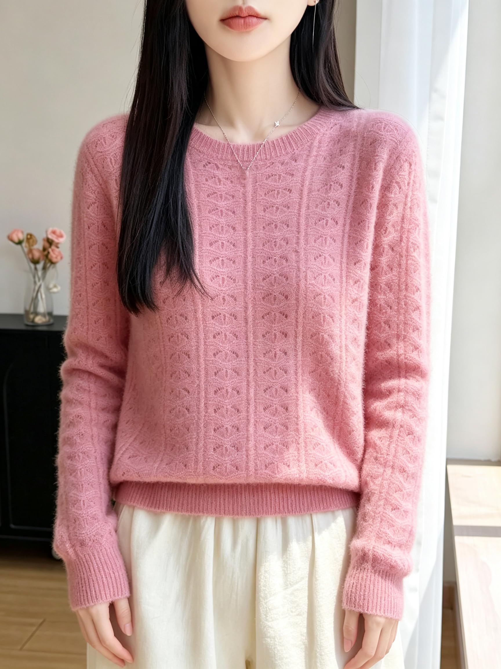 Damen Wollpullover Lässig Langärmelig Durchbrochenes Strickmuster Rundhal