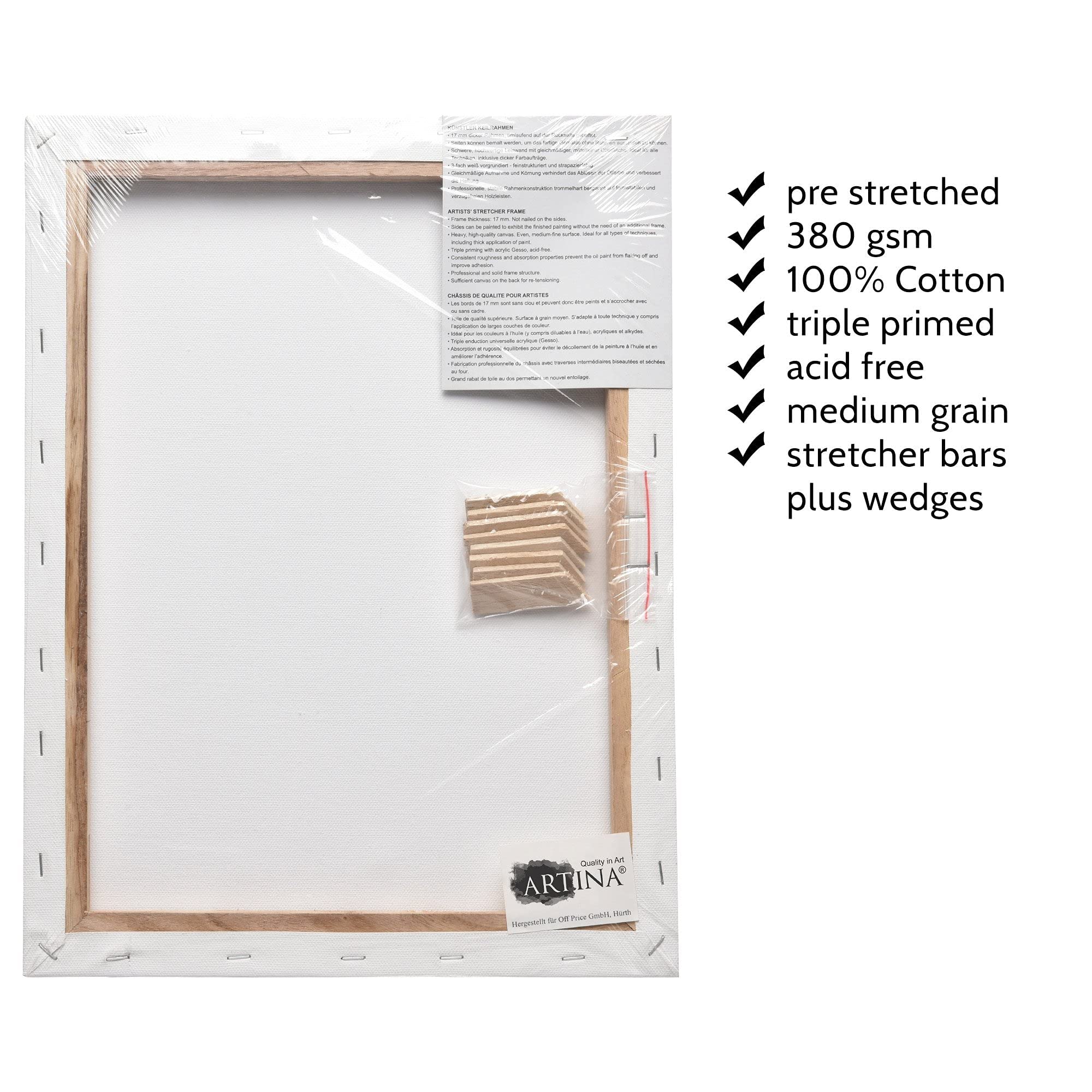 Artina Lienzo Blanco con Bastidor Extra Grueso (37x38 mm) Premium 3D - Diferentes tamaños - 380g/m² (50x150 cm)