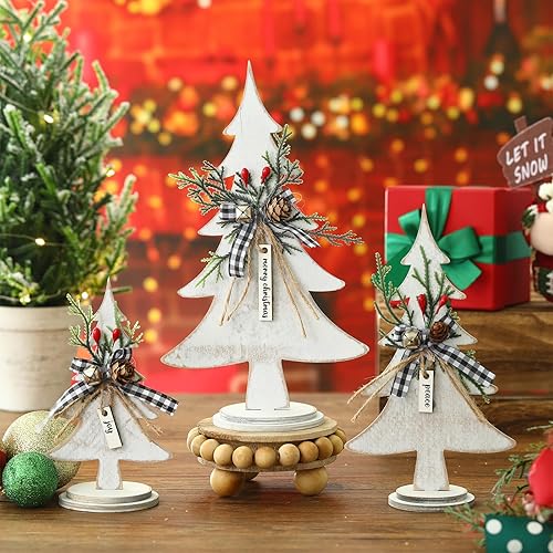 Miniatura 4 de Soaoo 3 piezas de árboles de Navidad de madera, decoración de mesa, árboles de Navidad de madera rústica, centros de mesa independientes, centro de