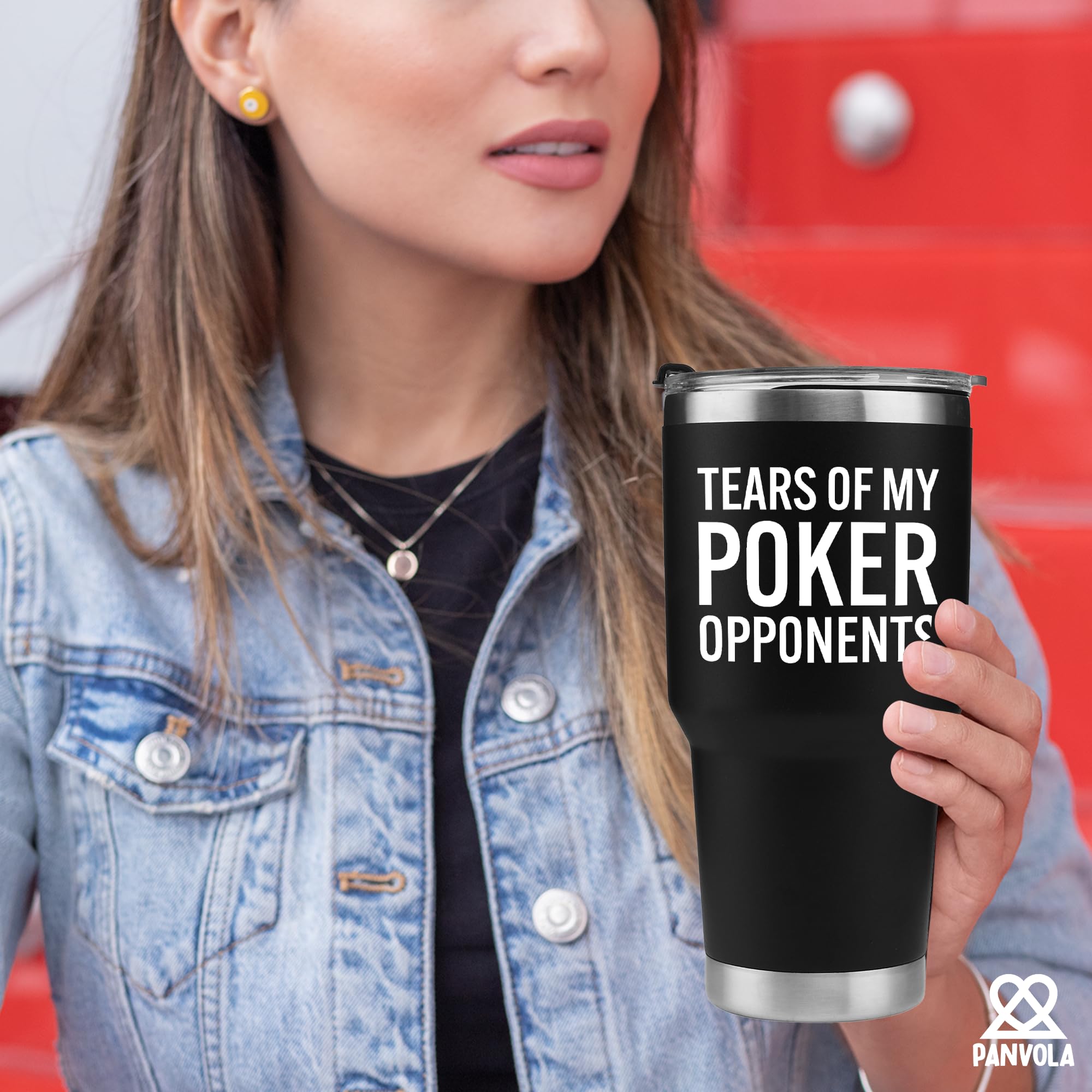 Panvola Tears of My Poker Opponents Funny Gifts for Poker Lovers Players Coworker Friends Card Games Vacuum Insulated Tumbler With Stainless Steel Straw And Removable Lid (Black, 30 oz)